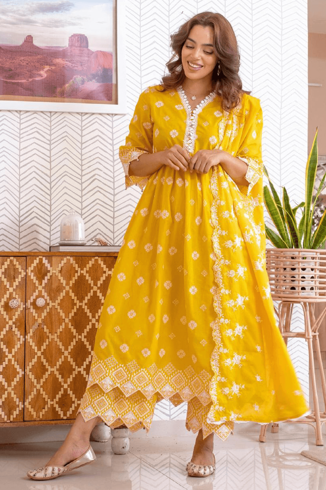 Warm Glow Cotton Mango Kurta with Palazzo Set