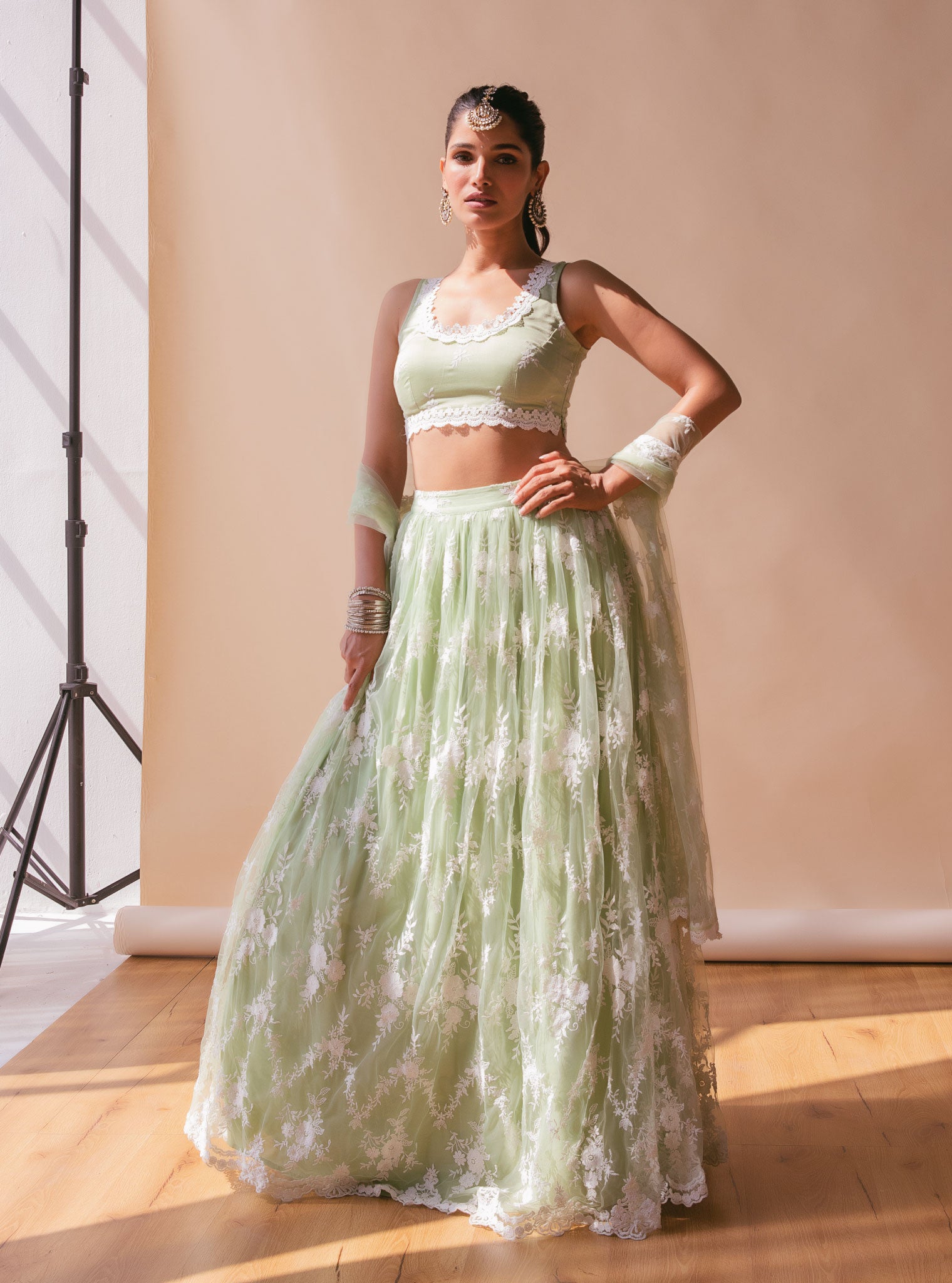 Almora Green Net Lehenga Set