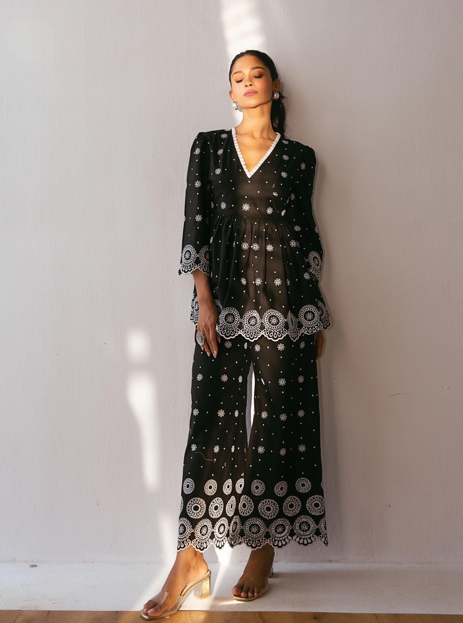 Aurelia Cotton Black Top with Bell Bottom Set