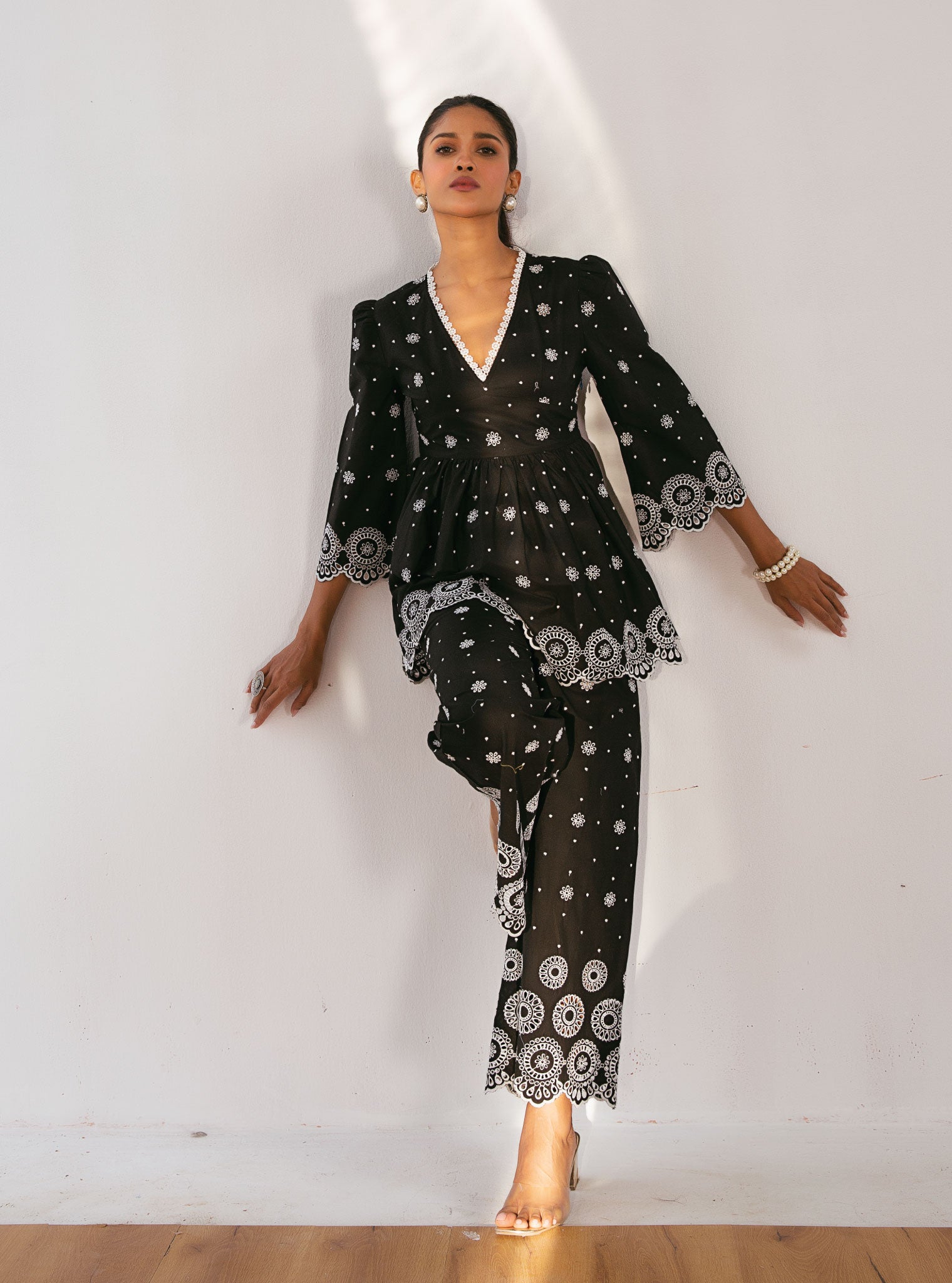 Aurelia Cotton Black Top with Bell Bottom Set