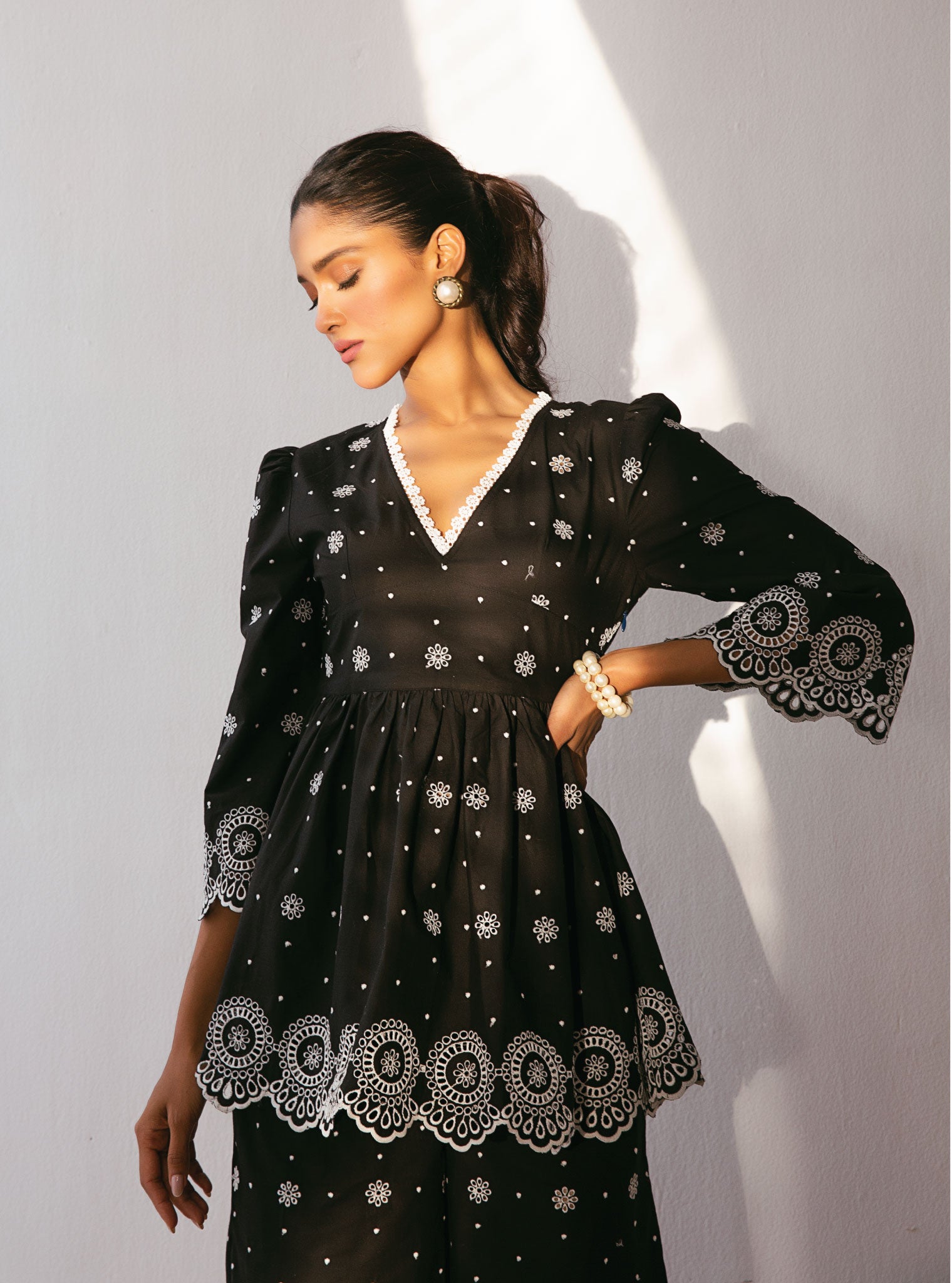 Aurelia Cotton Black Top with Bell Bottom Set