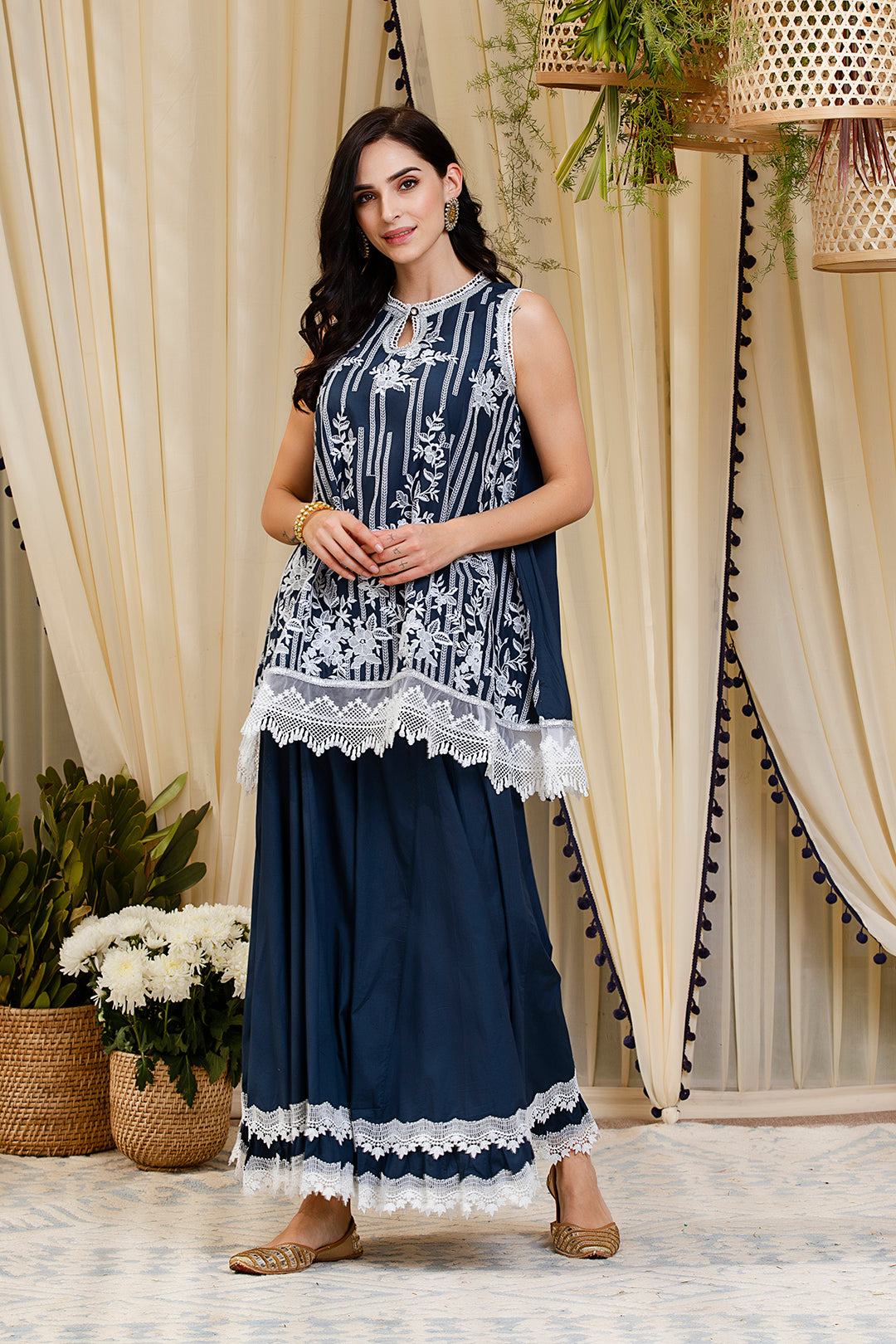 Blossom Navy Kurti Kurta with Sharara Set