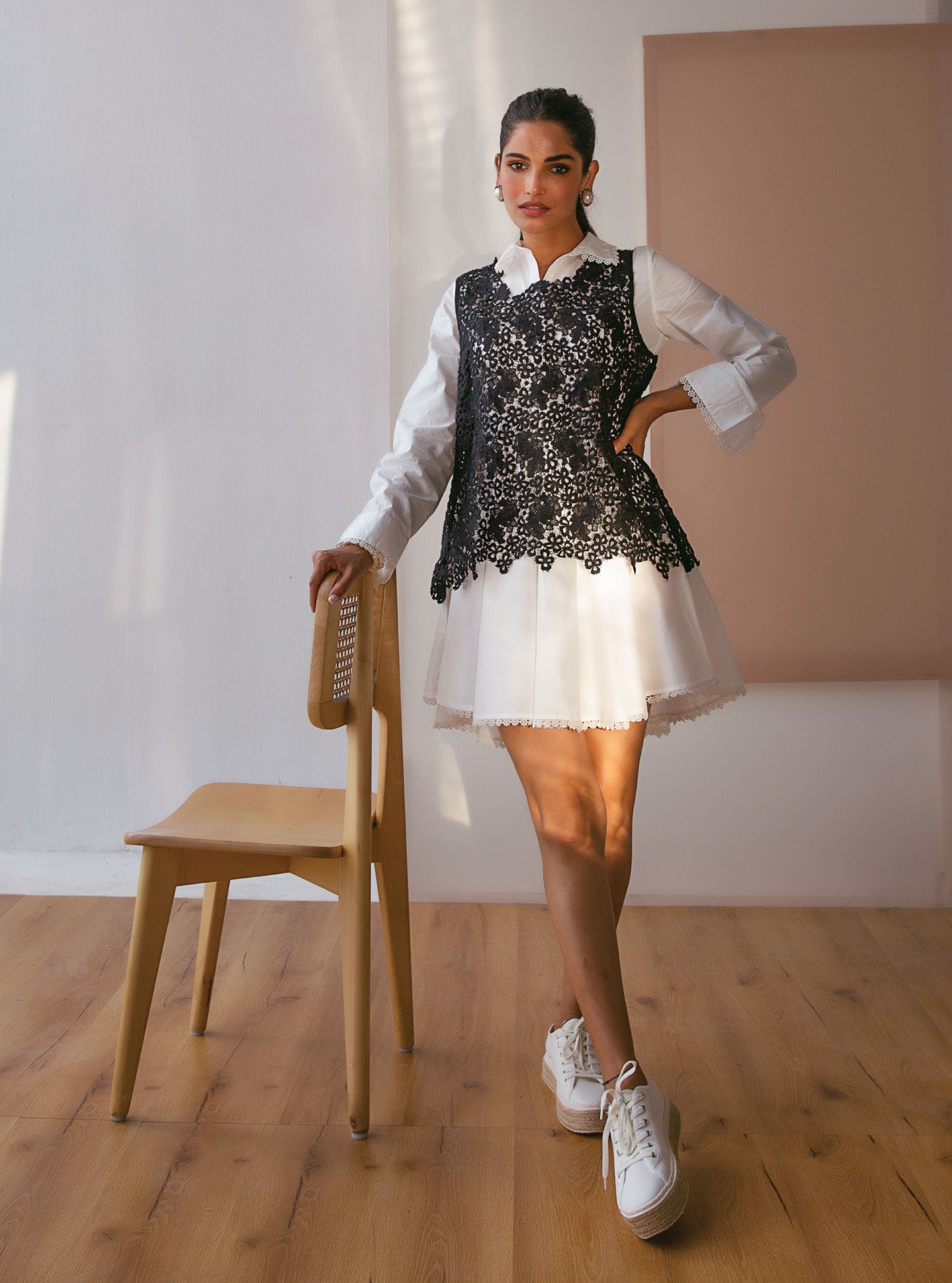 Celina Cotton White Dress With Guipure Layer