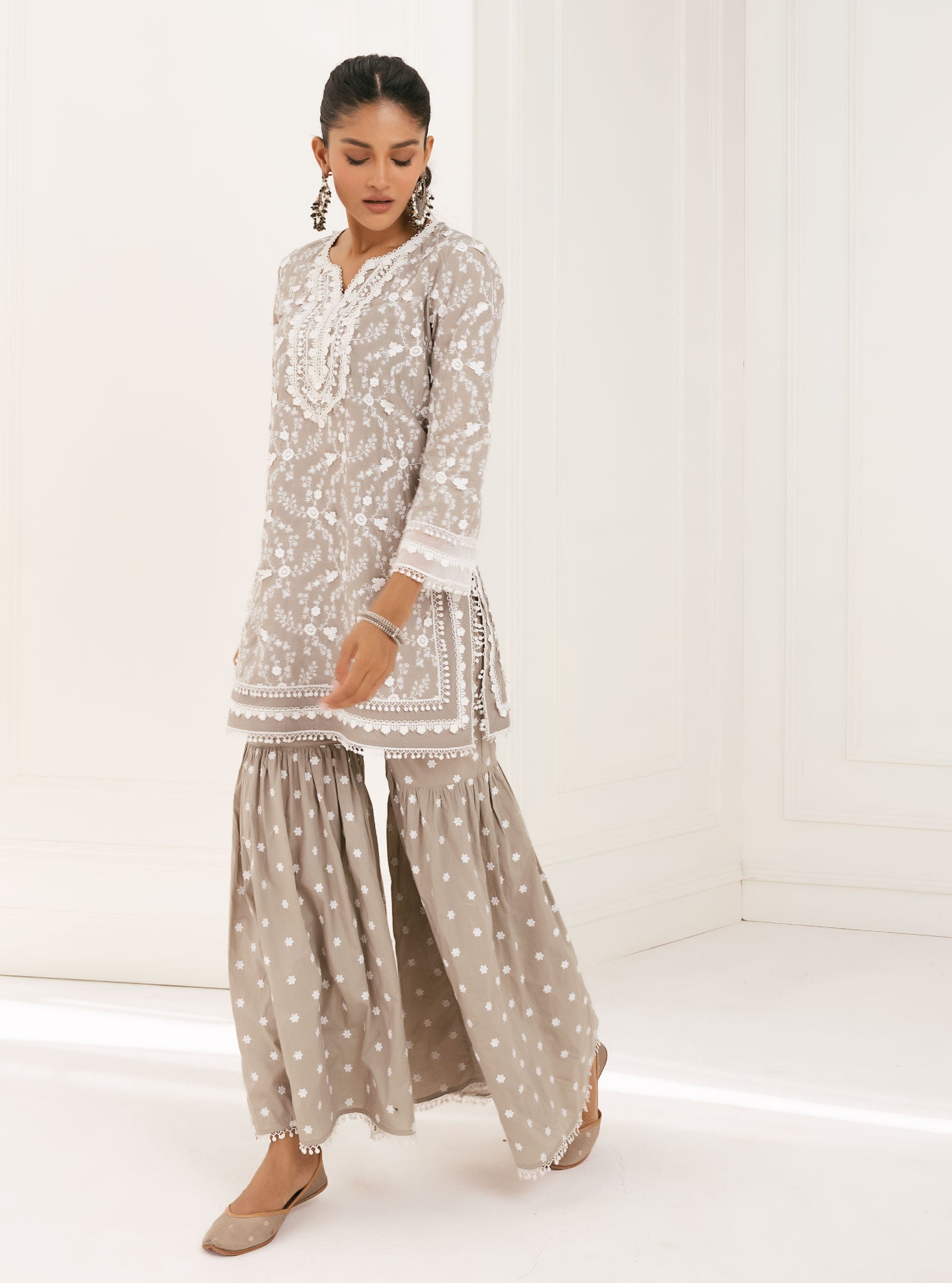 Kanji Cotton Grey Kurta with Garara Set