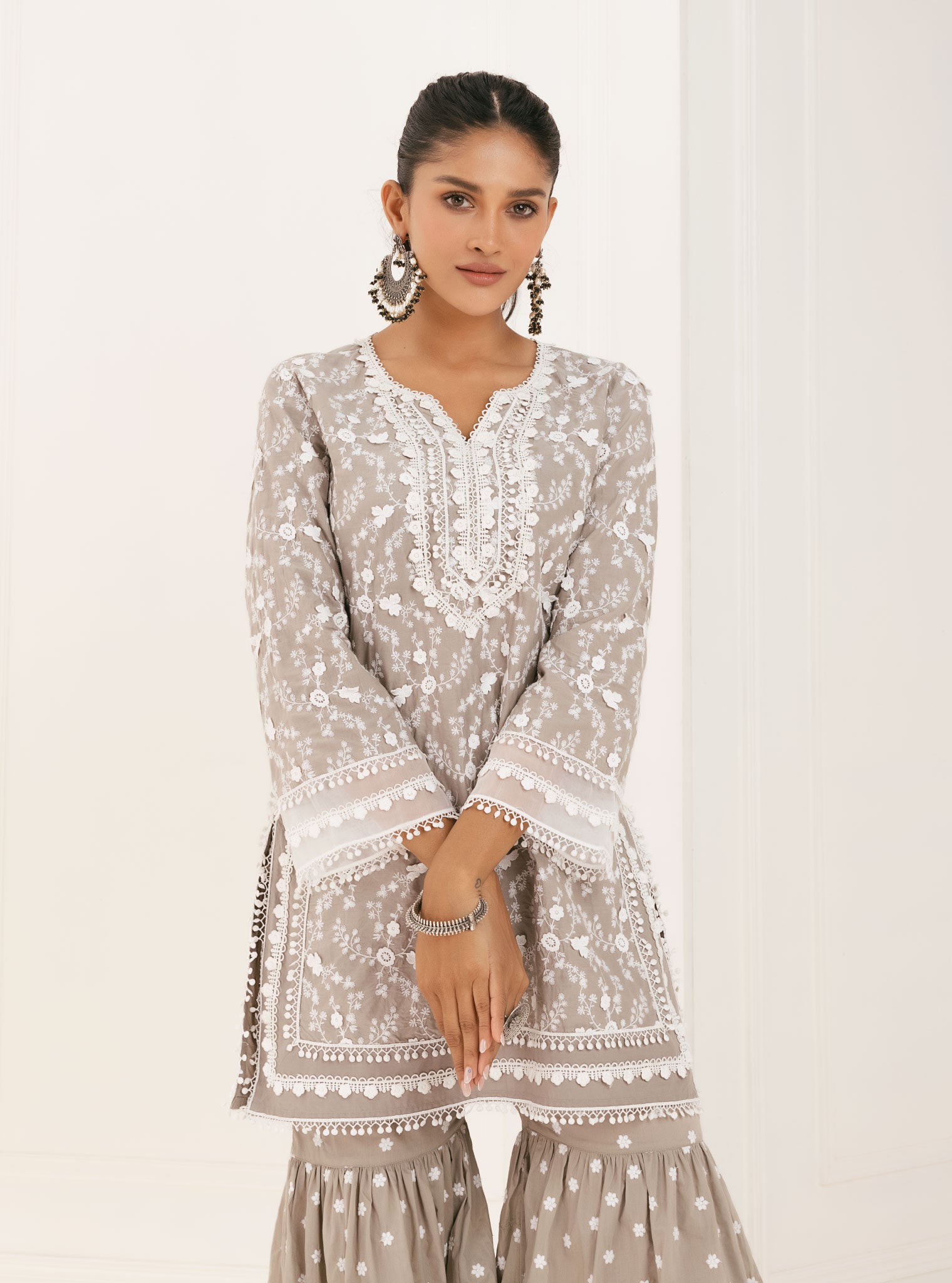 Kanji Cotton Grey Kurta with Garara Set