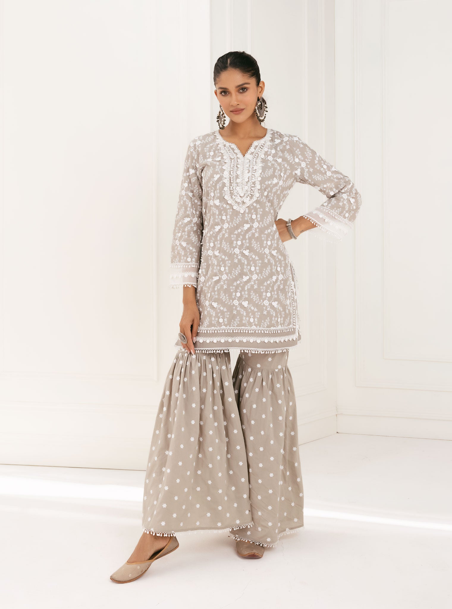 Kanji Cotton Grey Kurta with Garara Set