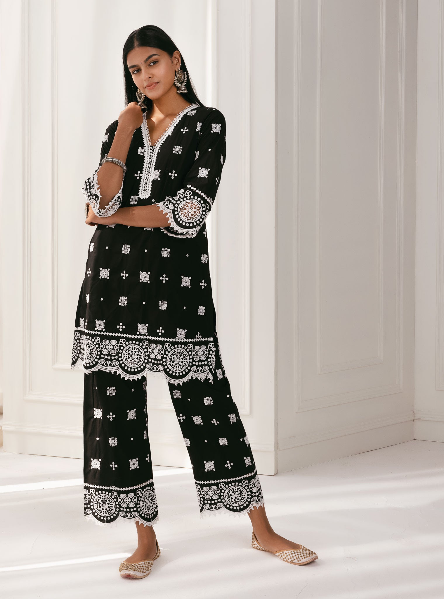 Leh Cotton Black Kurta with Palazzo Set