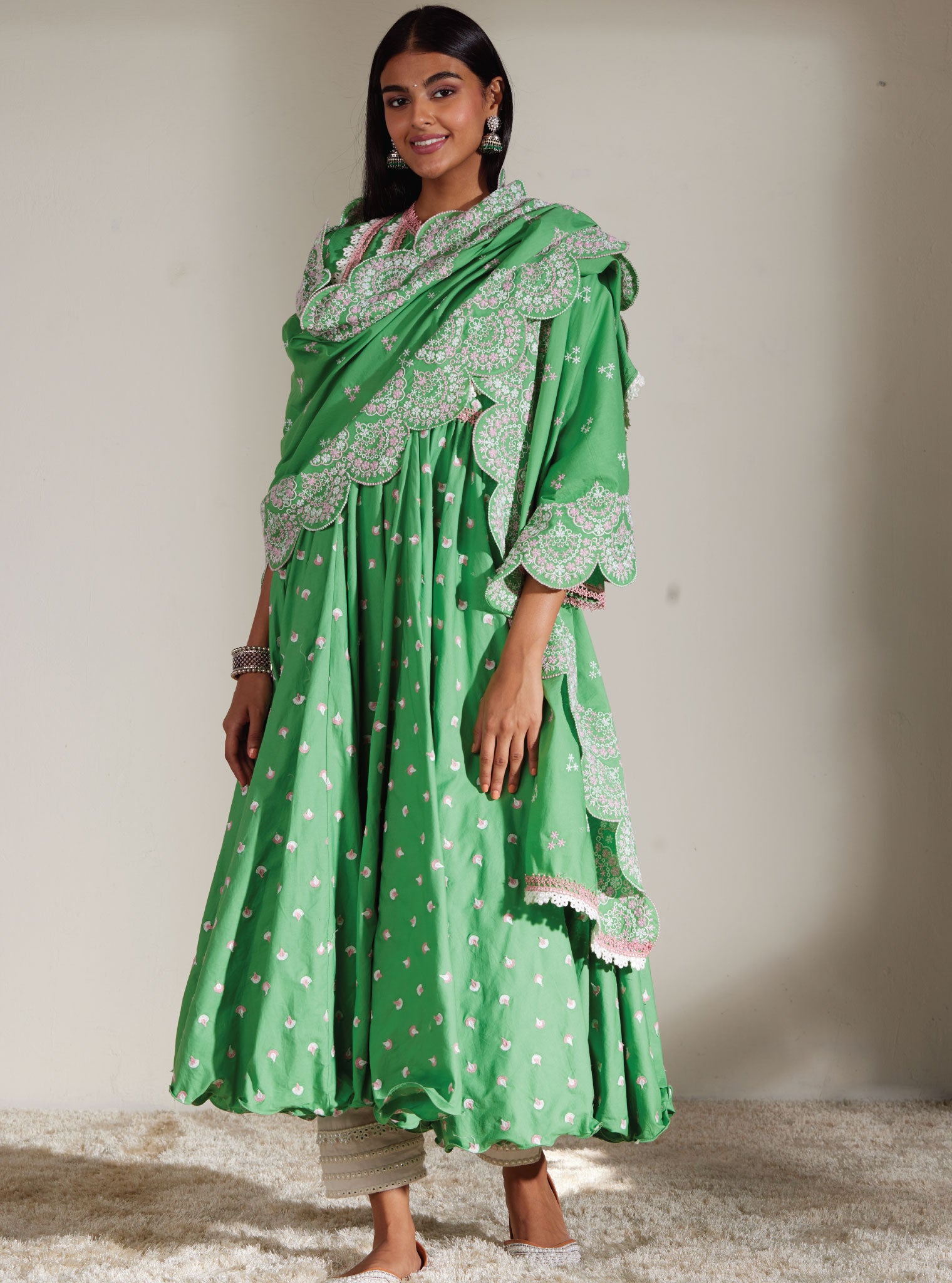 Nadine Supima Cotton Green Anarkali Kurta Set