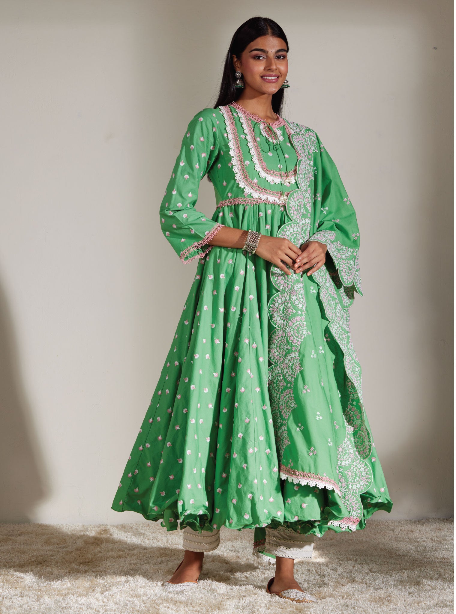 Nadine Supima Cotton Green Anarkali Kurta Set