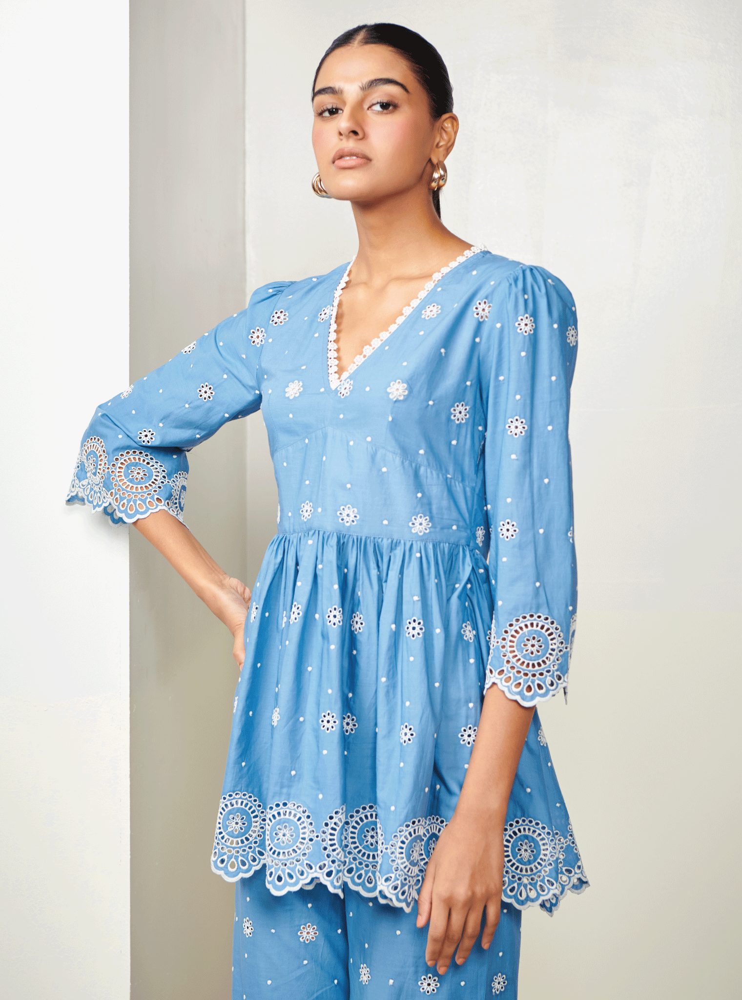 Aurelia Cotton Denim Top with Bell Bottom Set