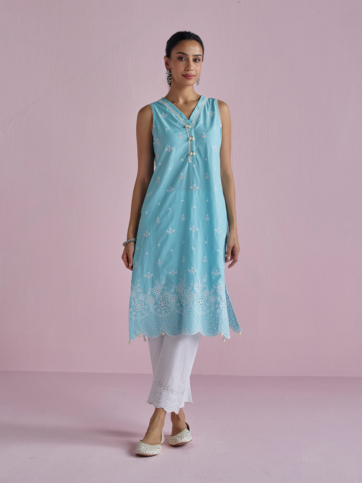 Kora Supima Cotton Teal Blue Kurta Set