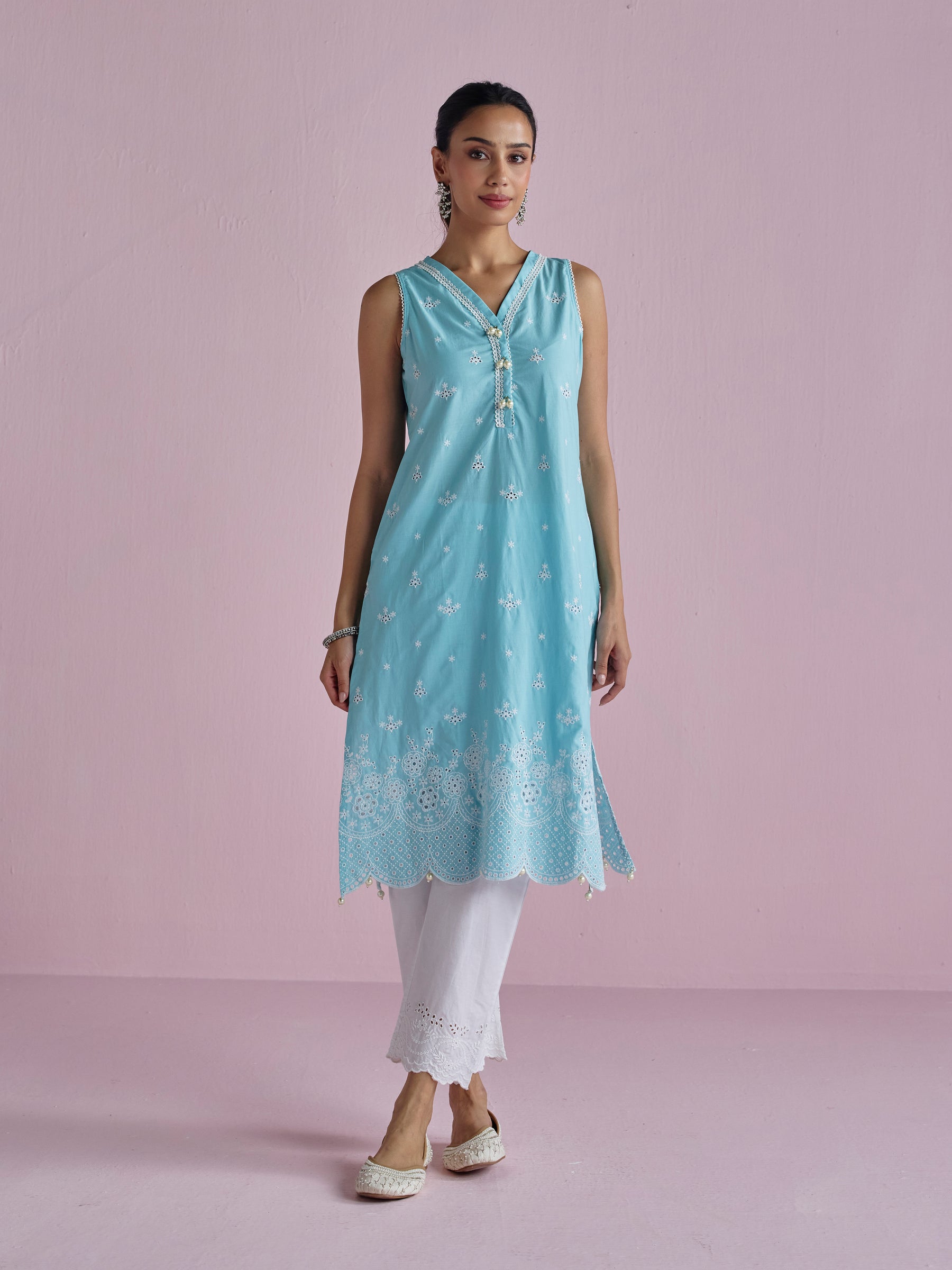 Kora Supima Cotton Teal Blue Kurta Set