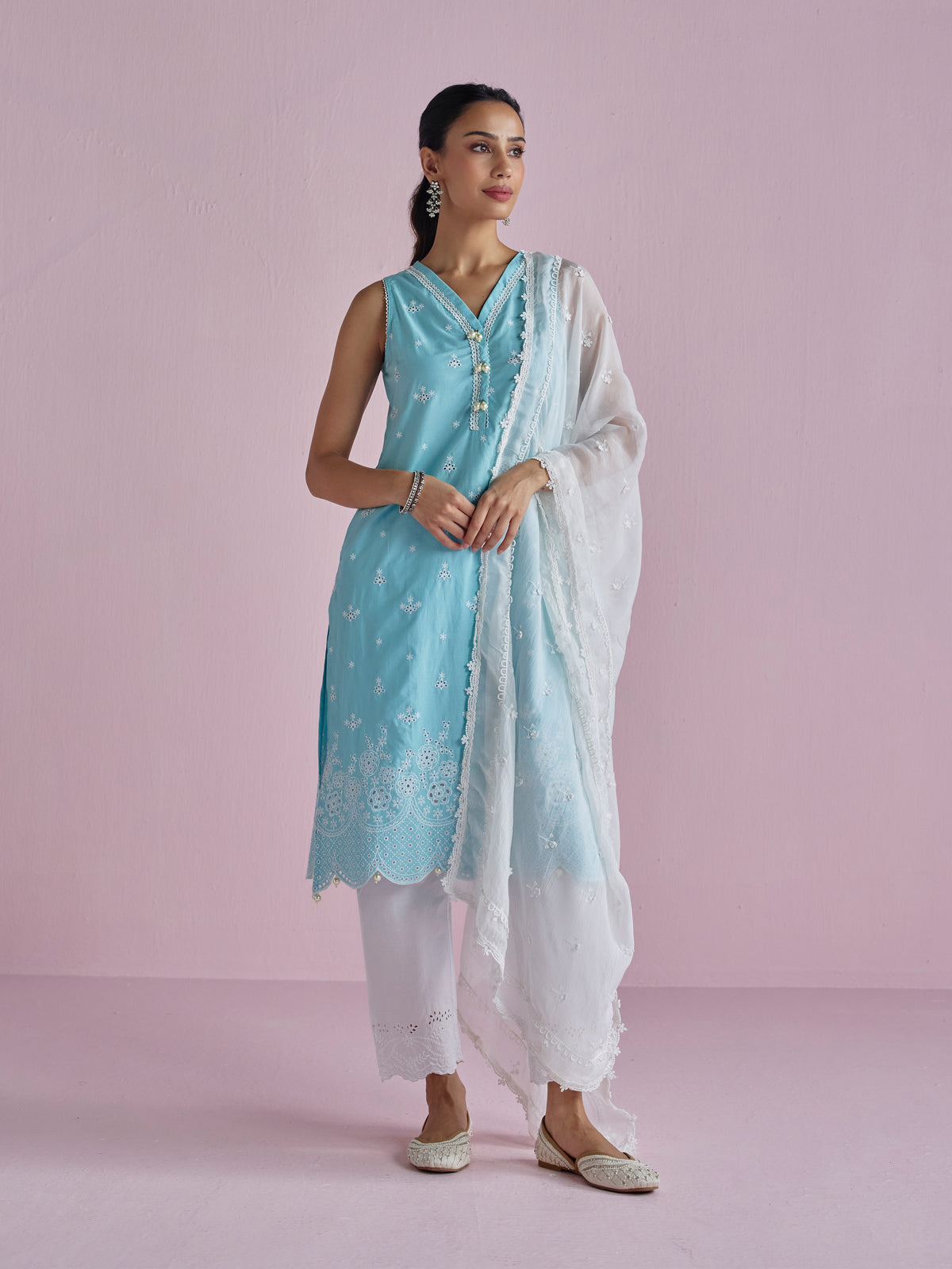 Kora Supima Cotton Teal Blue Kurta Set
