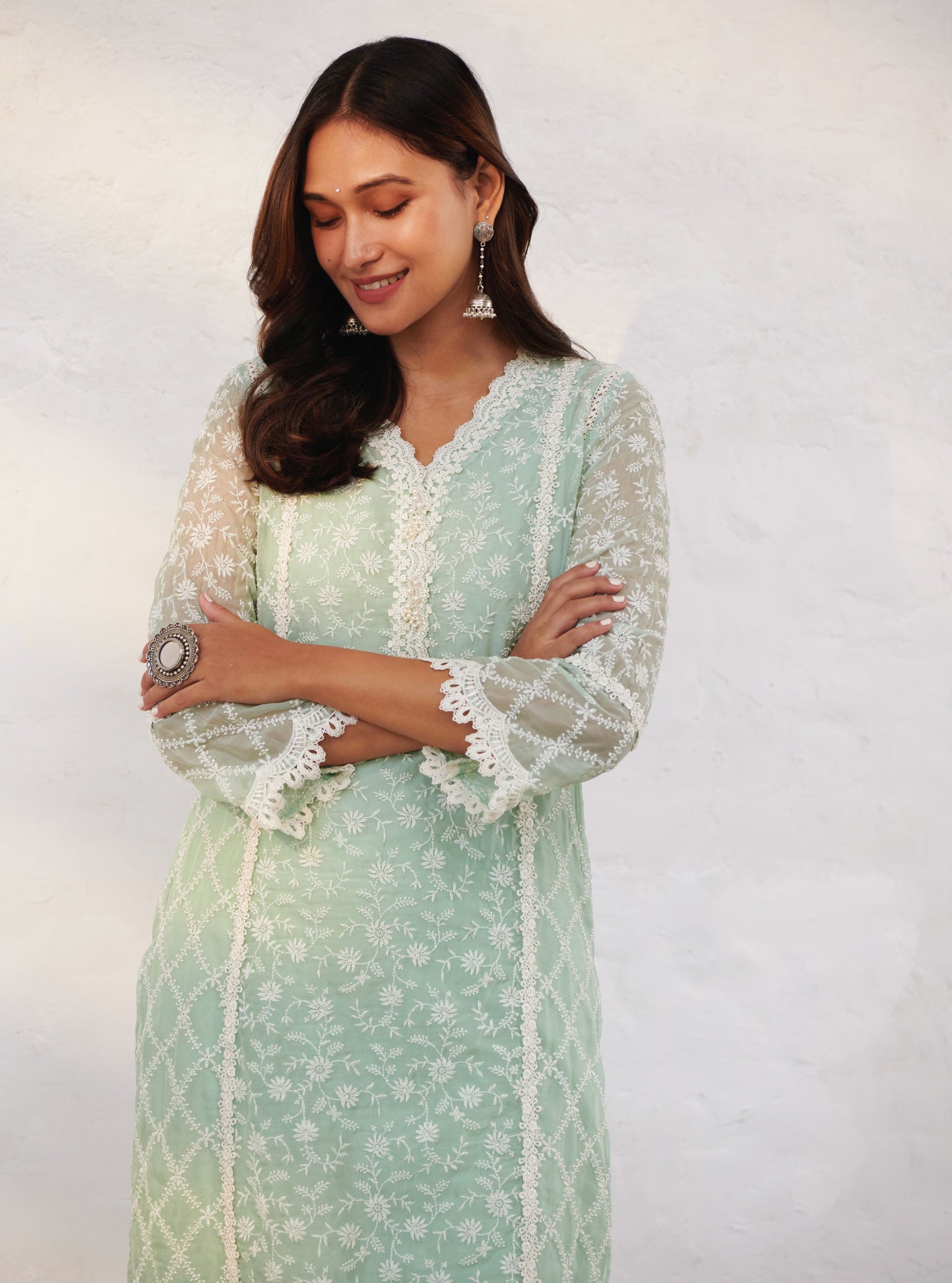 Mulmul Organza Sunderland Green Kurta With Cotton Sunderland Green Pant