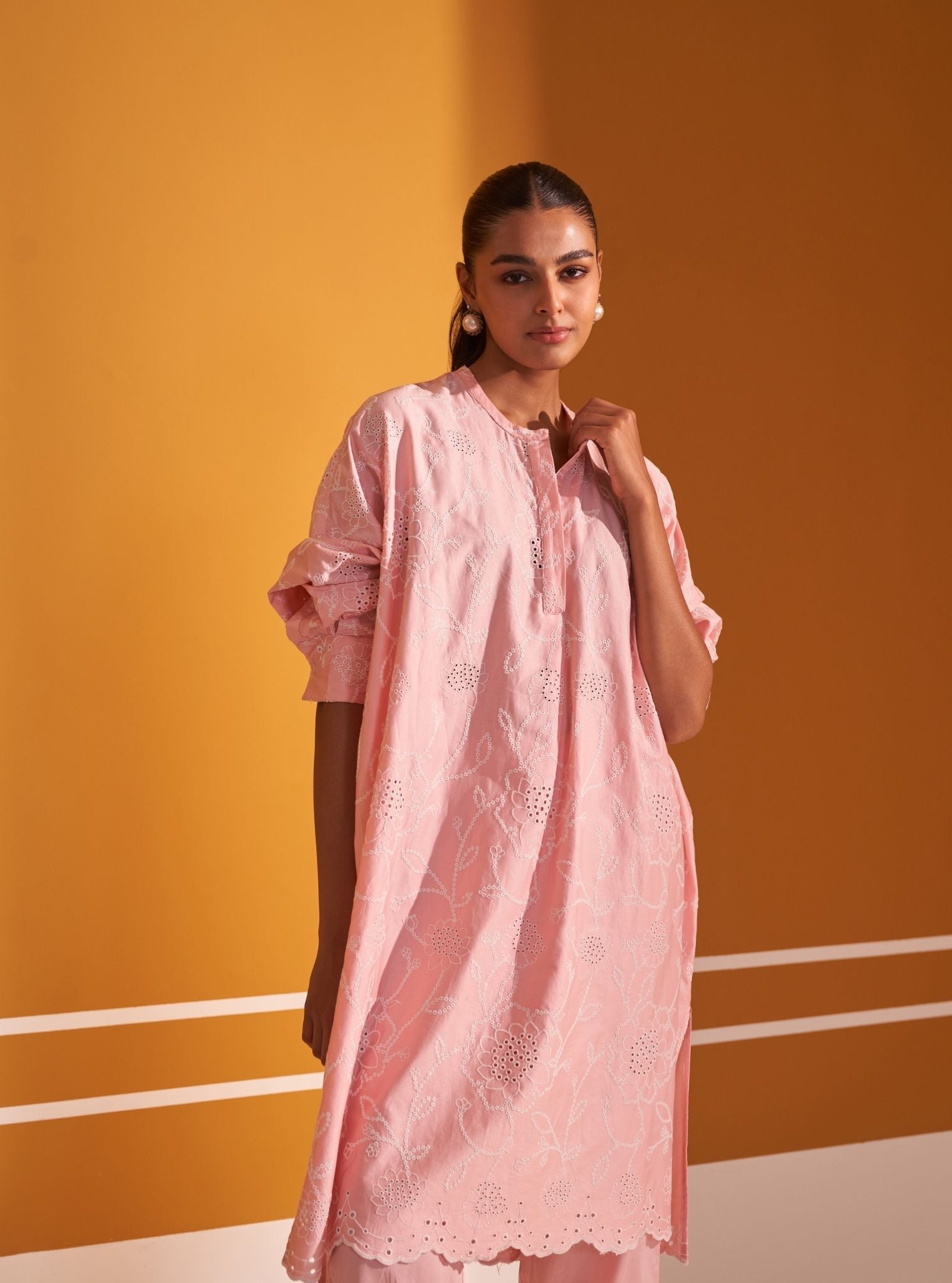 Mulmul Pima Satin Eldon Pink Kurta with Mulmul Pima Satin Eldon Pink Pant