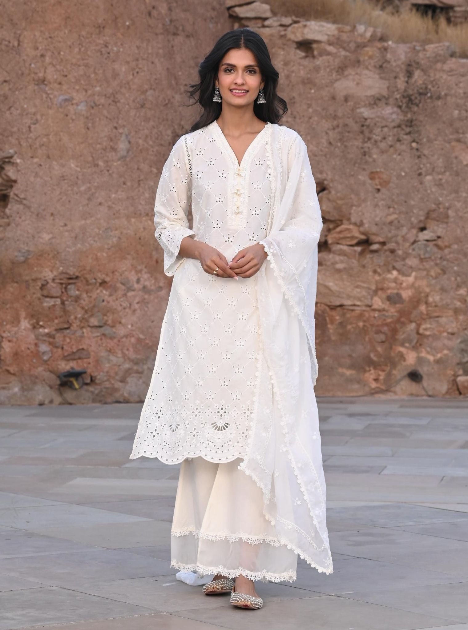 Mulmul Cotton Perth White Kurta With Lola White Pant