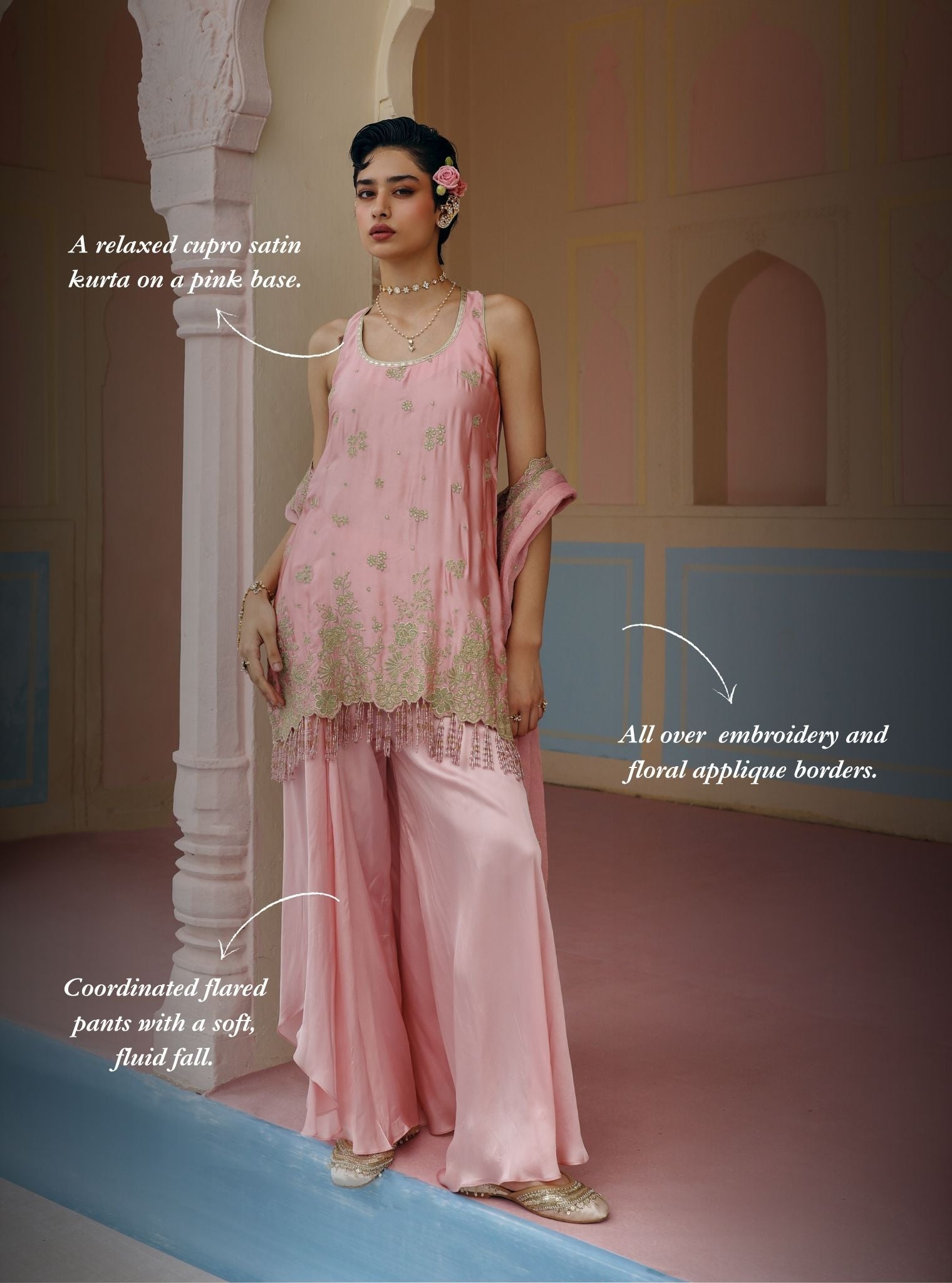 Nemi Cupro Satin Pink Short Kurta with Draped Pants