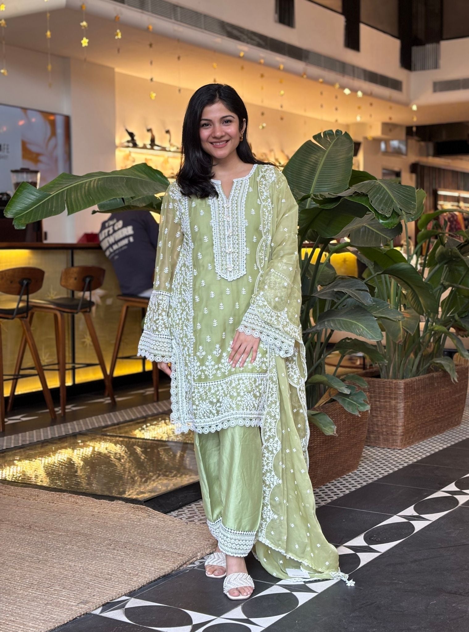 Meyo Organza Pista Green Kurta Set