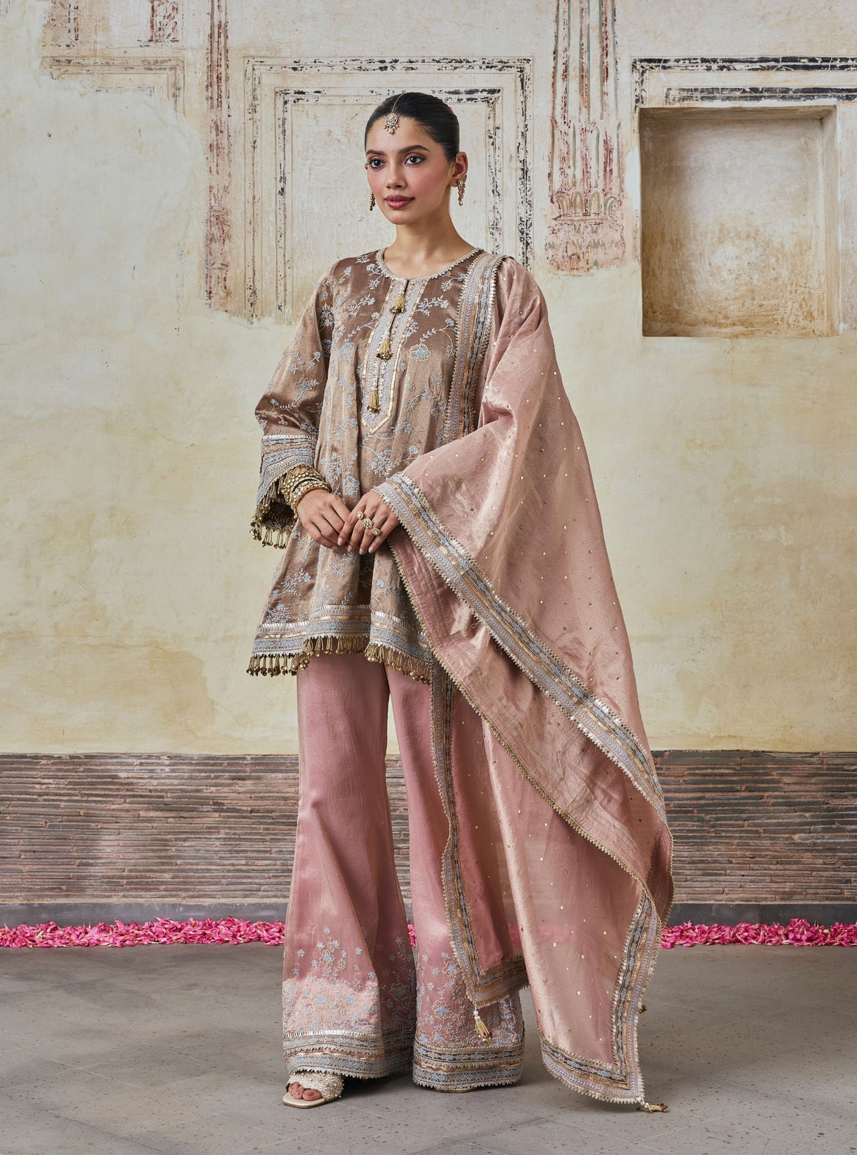 Odhira Tissue Organza Brown & Pink Kurta Set