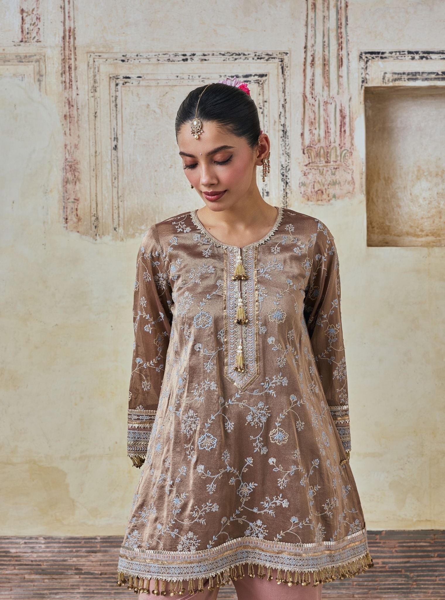 Odhira Tissue Organza Brown & Pink Kurta Set