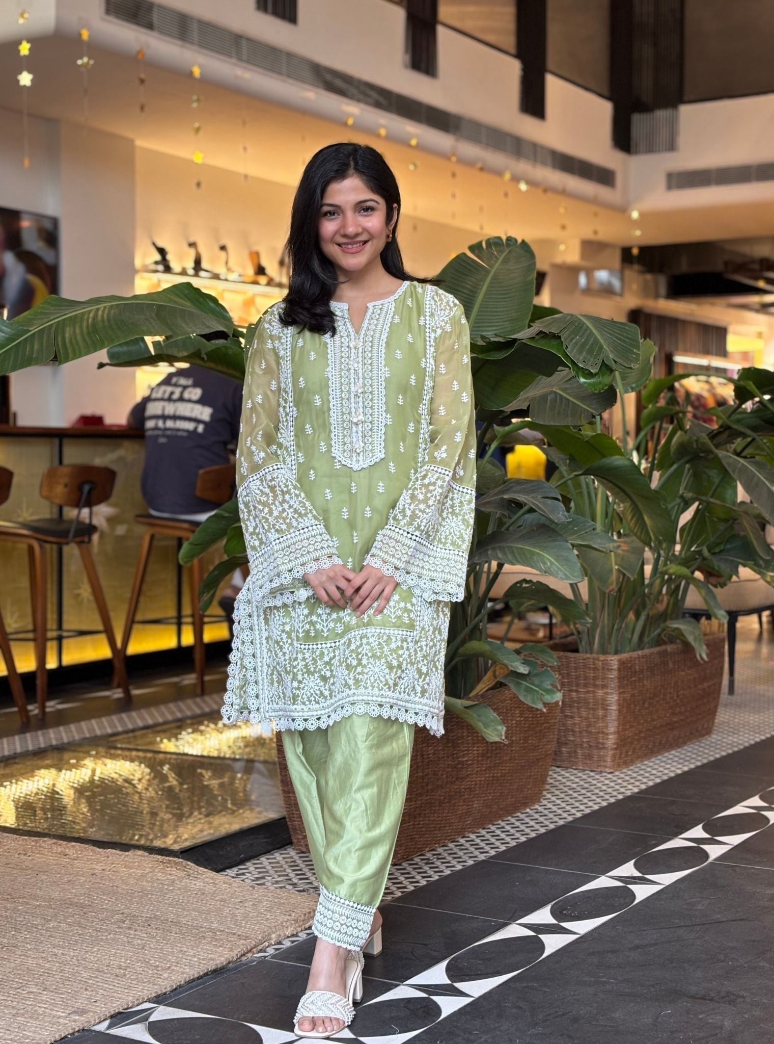 Meyo Organza Pista Green Kurta Set