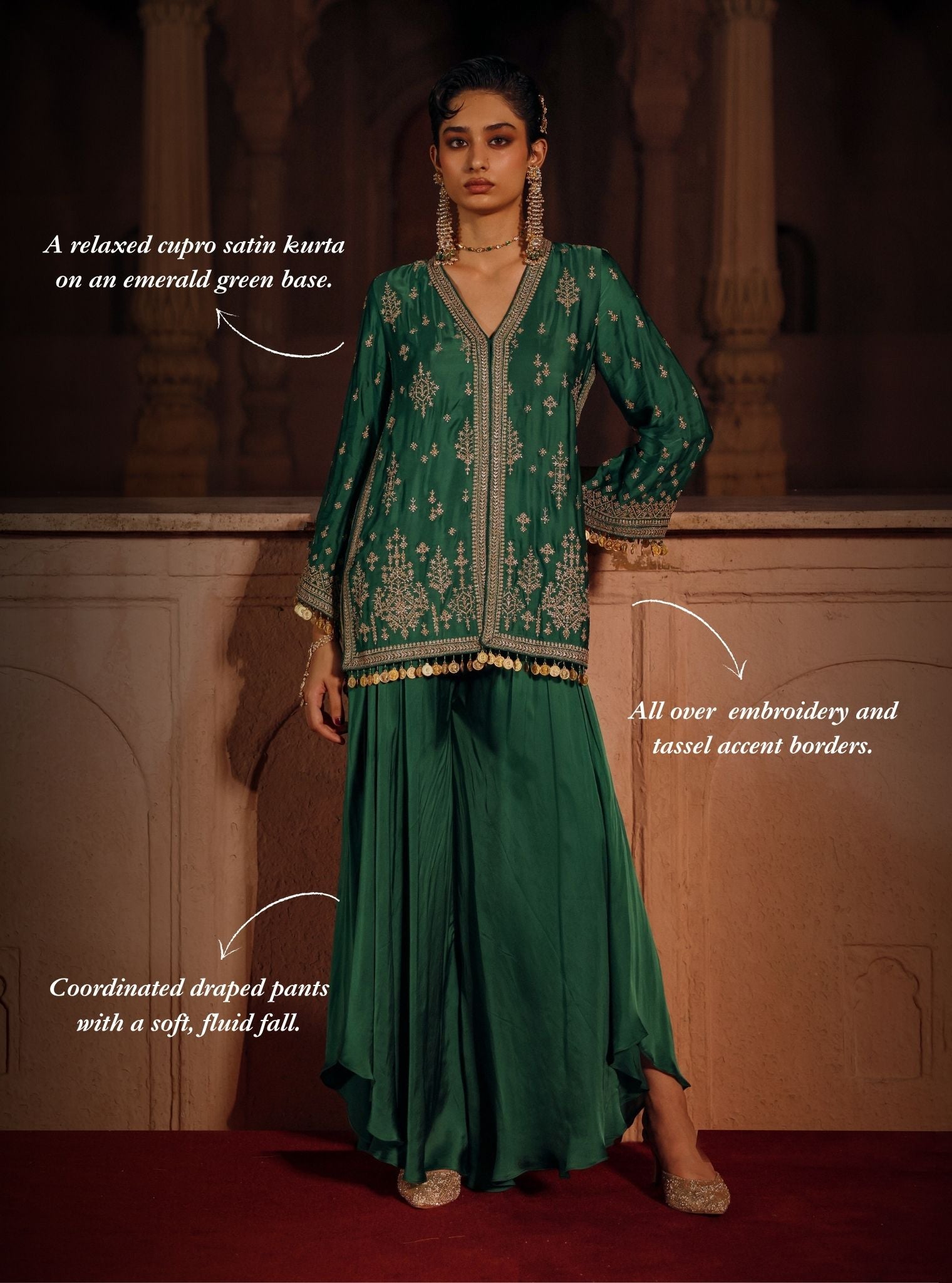 Laado Cupro Satin Emerald Green Short Kurta with Draped Pants
