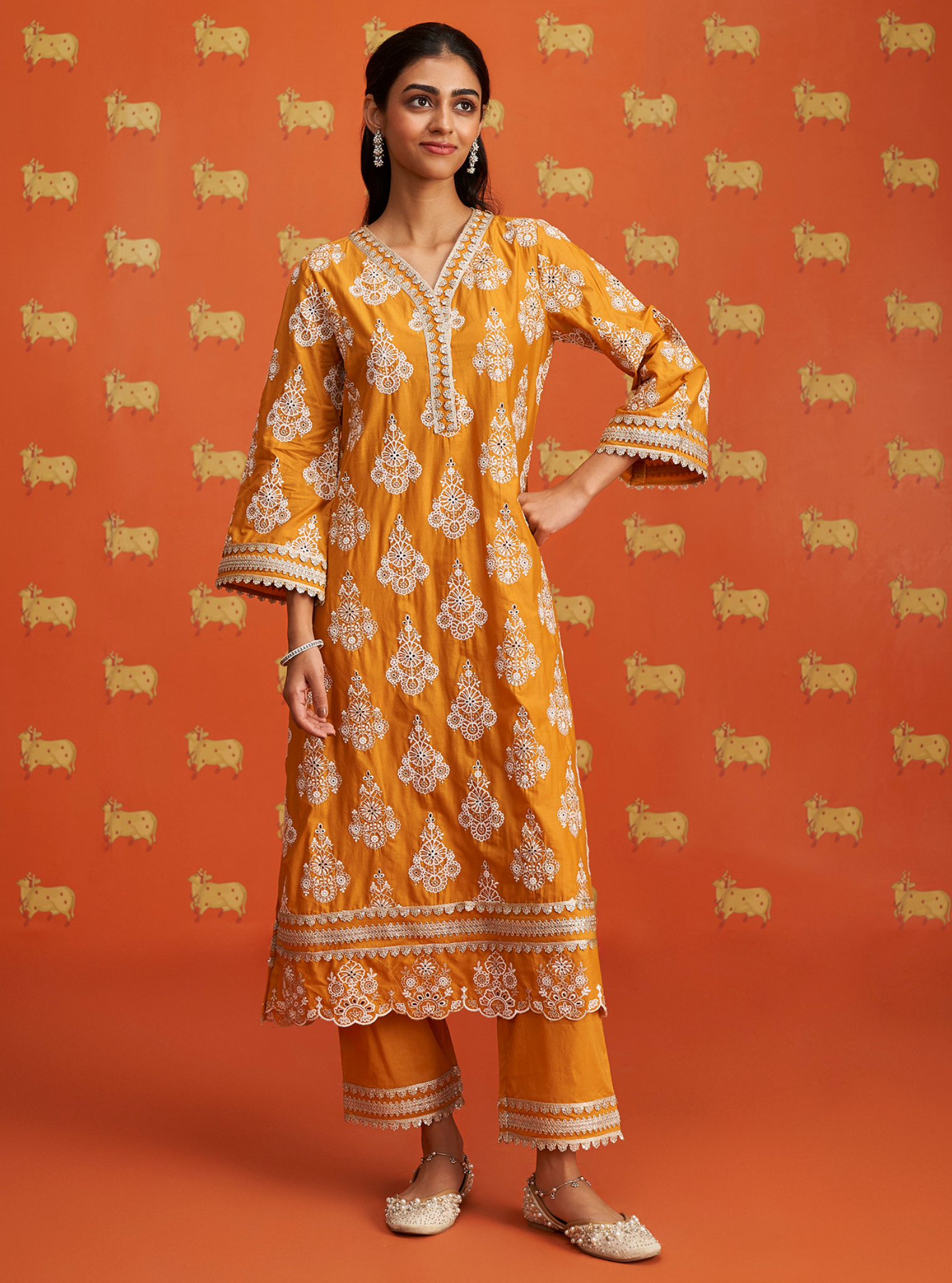 Mulmul Cotton Kaeo Orange Kurta With Mulmul Cotton Kaeo Orange Pant