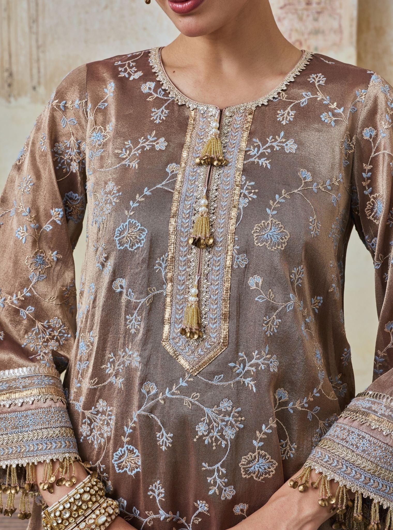 Odhira Tissue Organza Brown & Pink Kurta Set