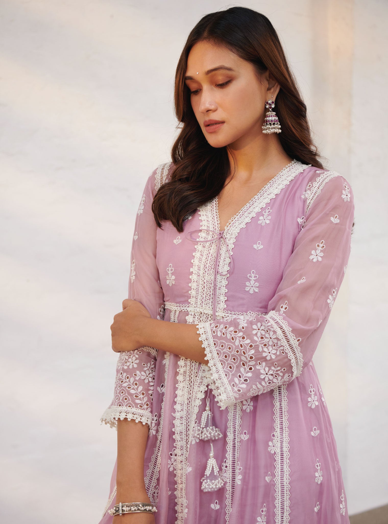 Mulmul Organza Sheffield Lilac Anarkali Kurta With Cotton Sheffield Lilac Pant