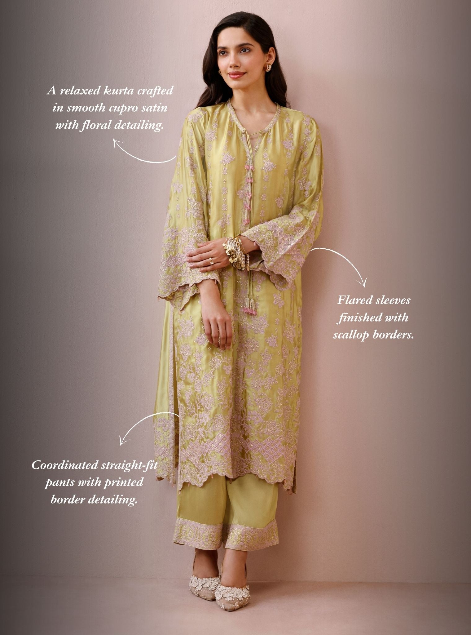 Arlette Cupro Satin Lime Long Kaftan Set