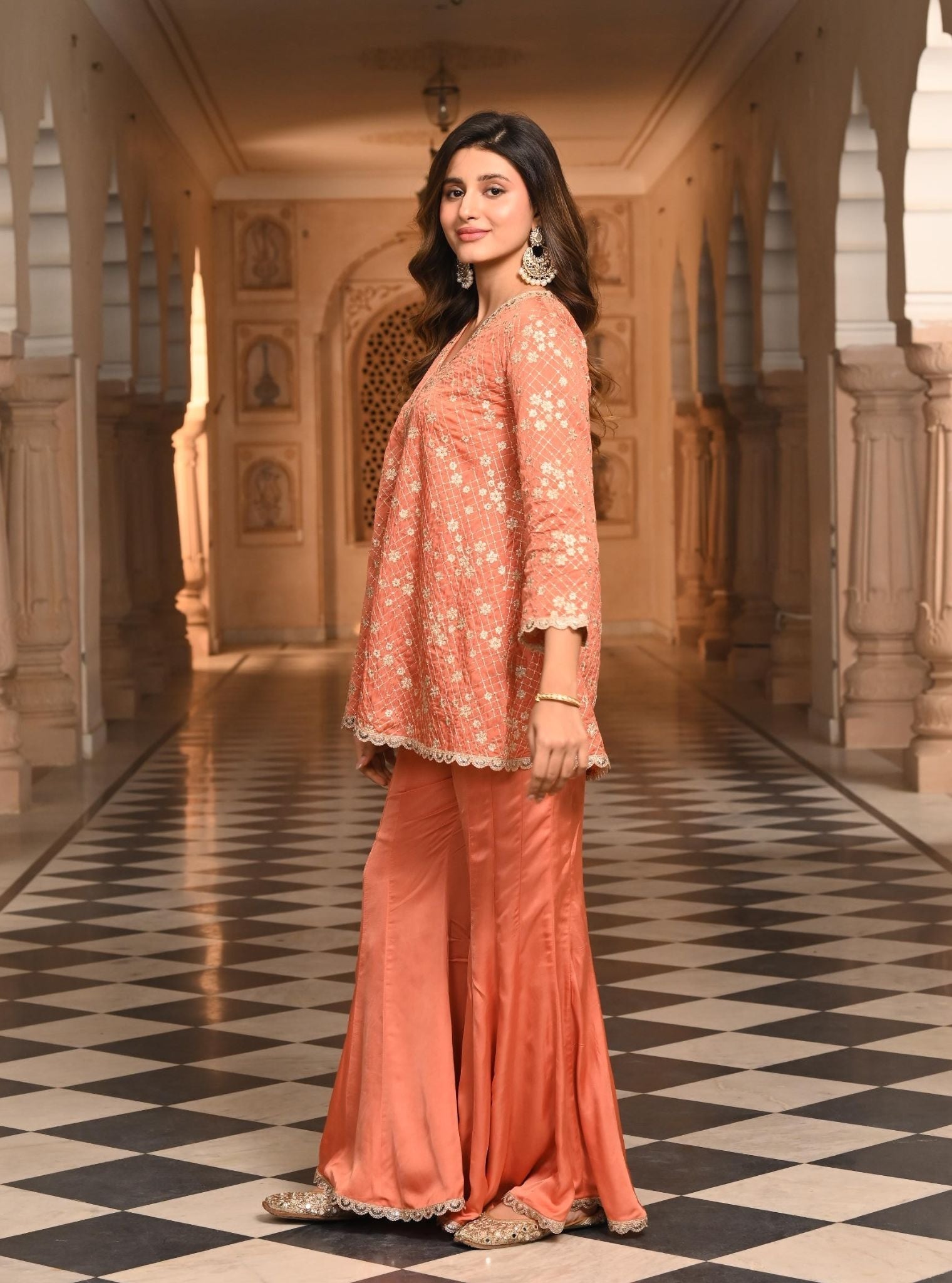 Mulmul Organza Satin Afreen Burnt Orange Top with Mulmul Modal Satin Afreen Burnt Orange Sharara