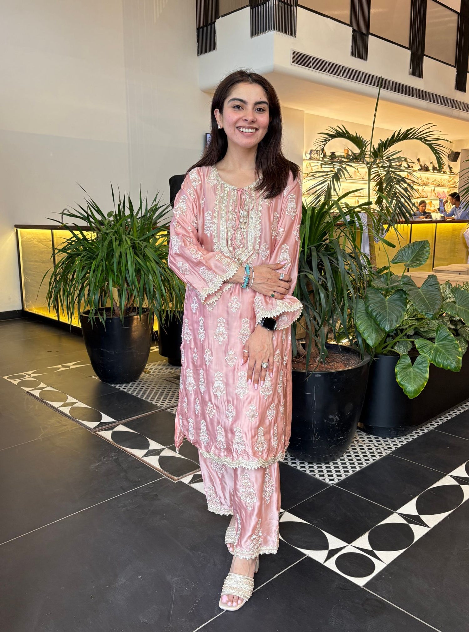 Phulkari Cupro Satin Rani Pink Kurta Set