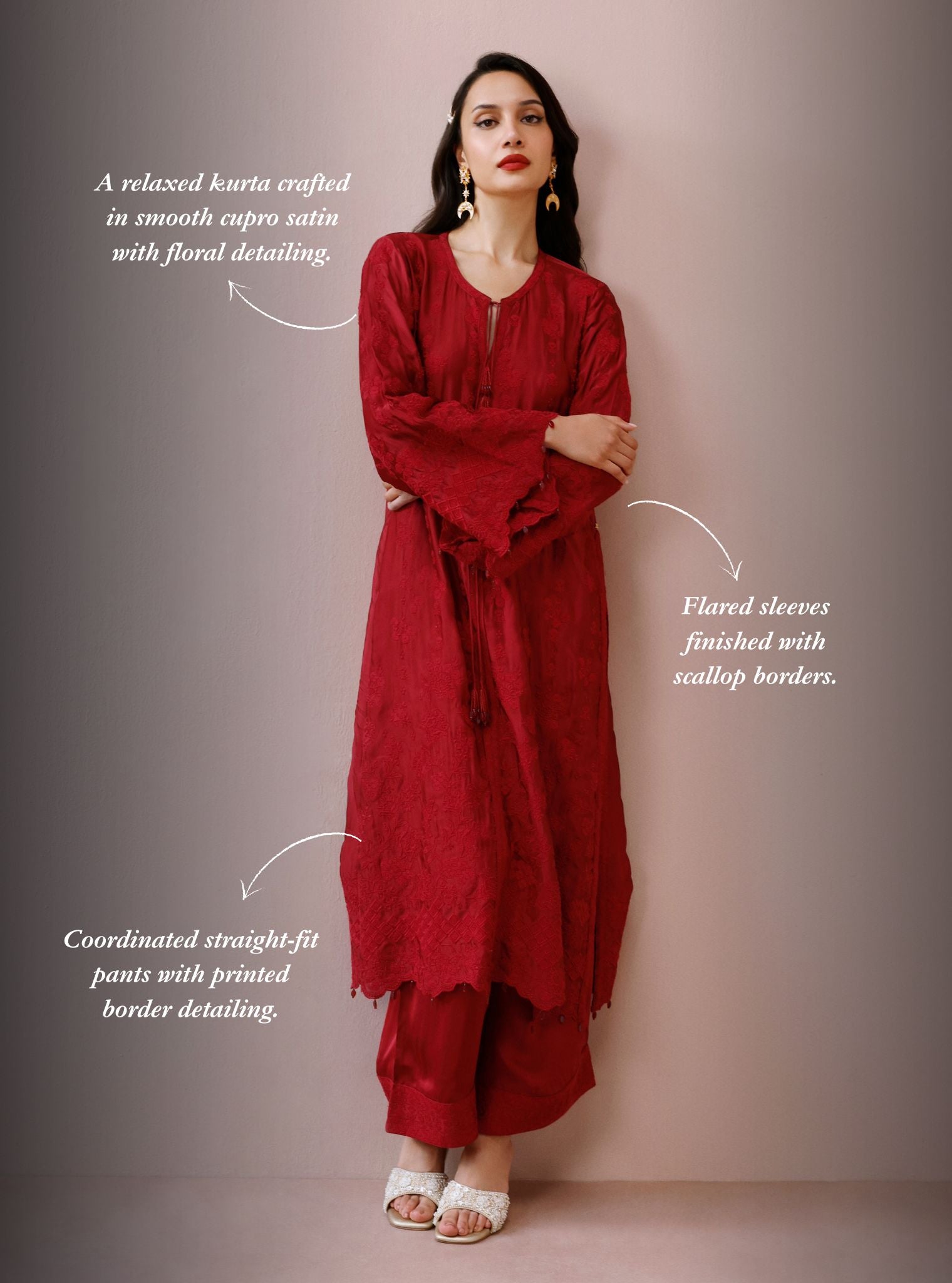 Arlette Cupro Satin Red Long Kaftan Set