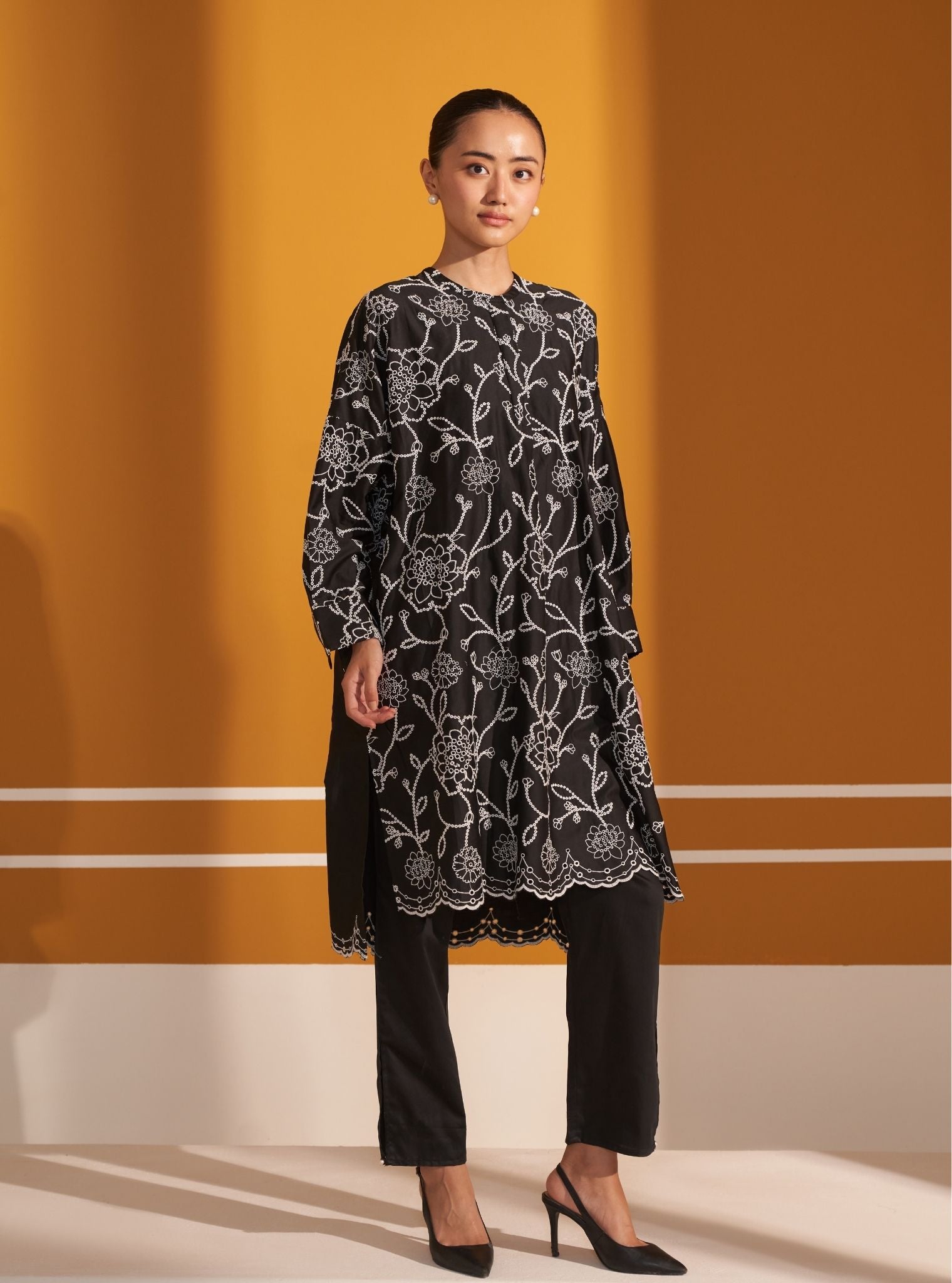 Mulmul Pima Satin Eldon Black Kurta with Mulmul Pima Satin Eldon Black Pant