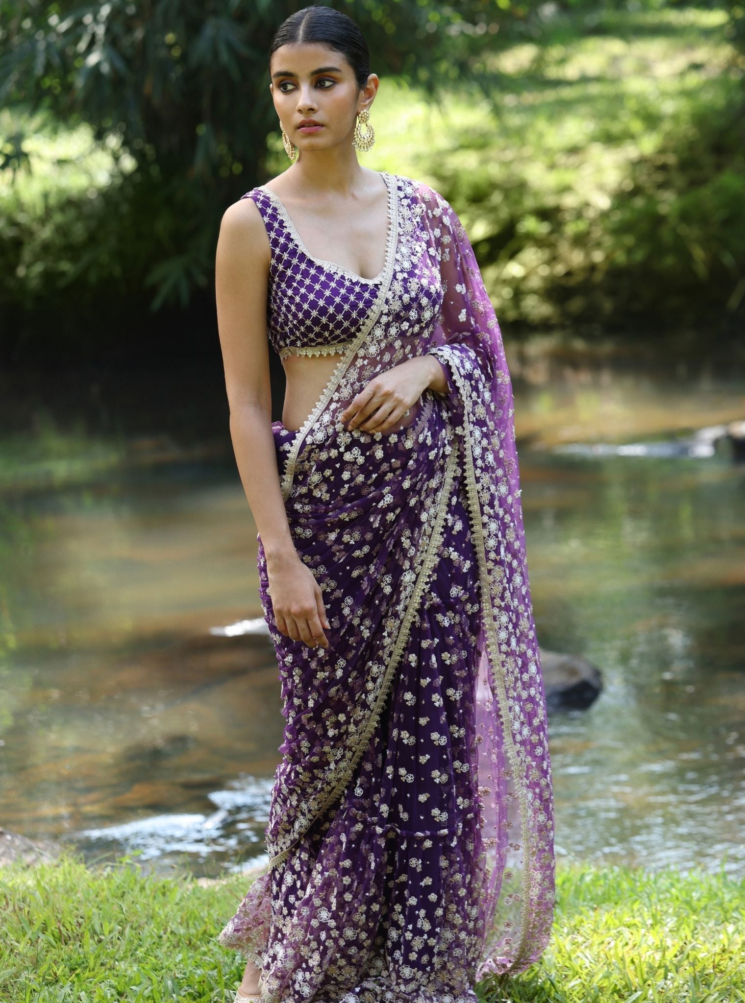 Mulmul Lurex Organza Kala Purple Saree