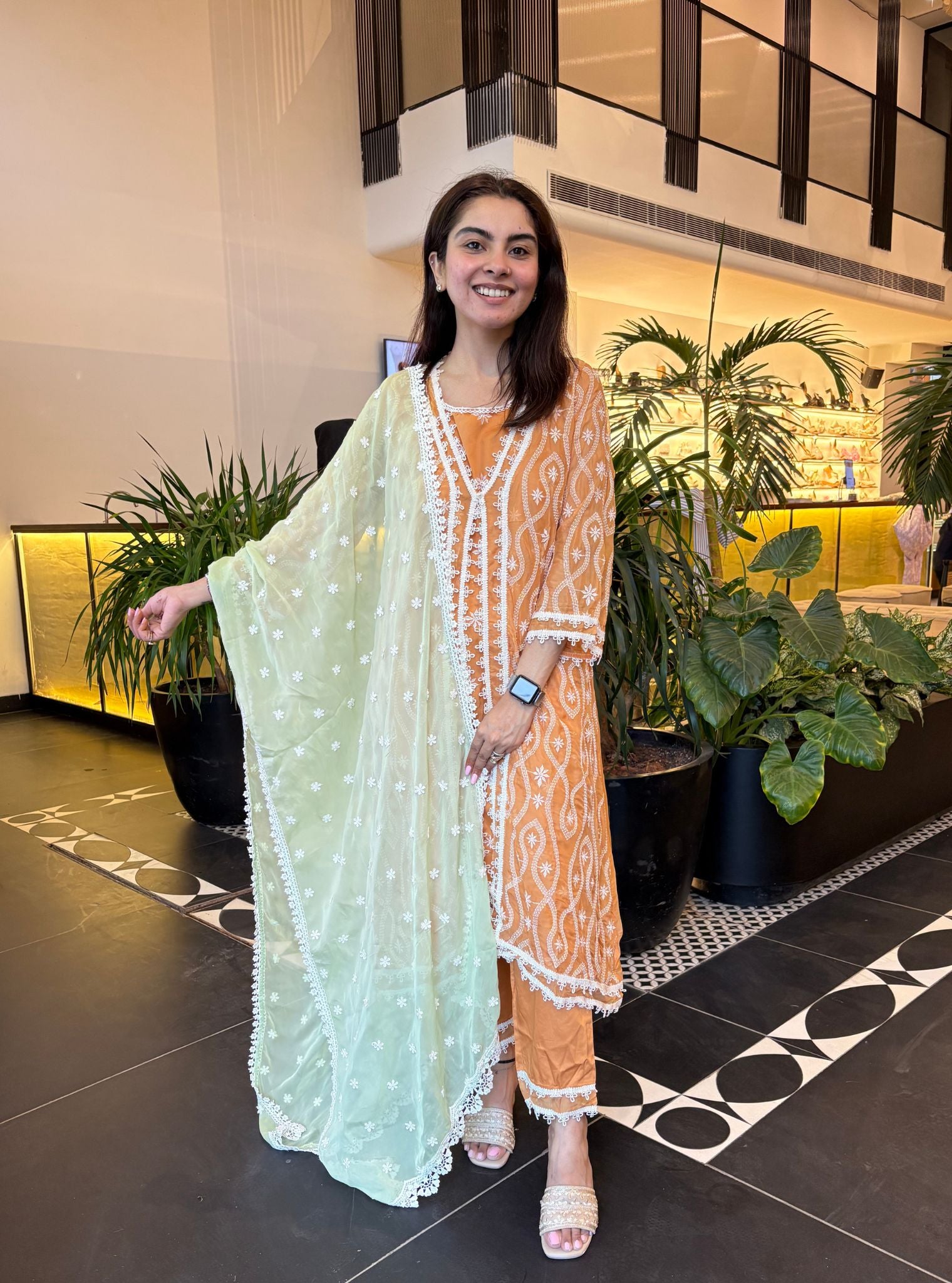 Mulmul Organza Tavisa Mango Kurta With Mulmul Pima Satin Tavisa Mango Pant