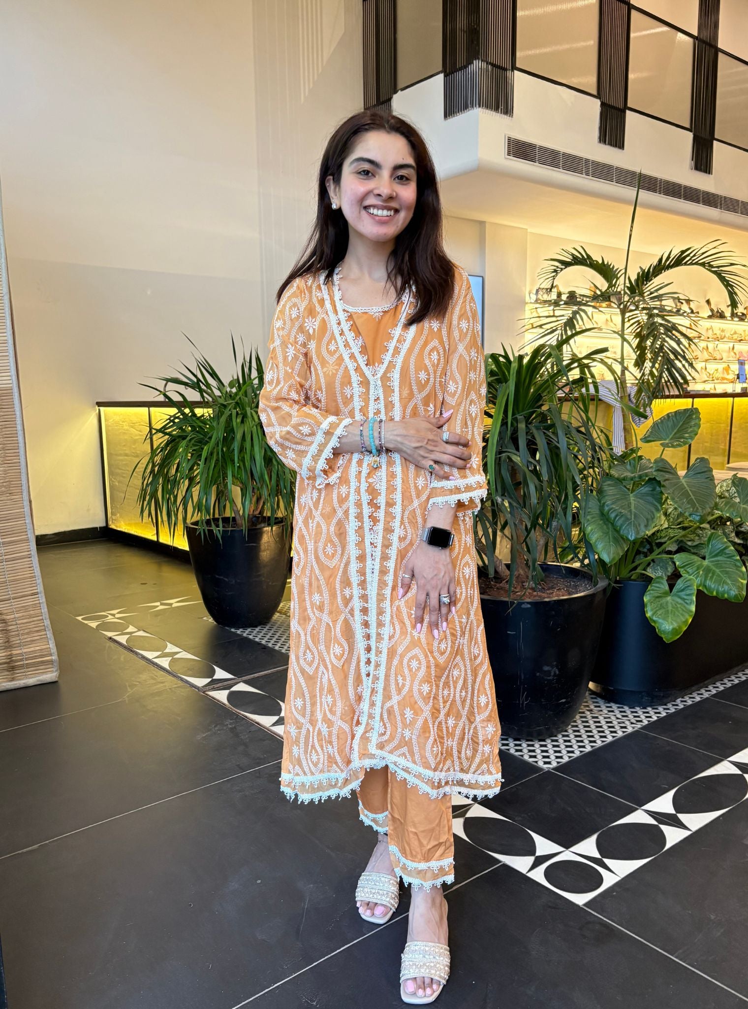 Mulmul Organza Tavisa Mango Kurta With Mulmul Pima Satin Tavisa Mango Pant
