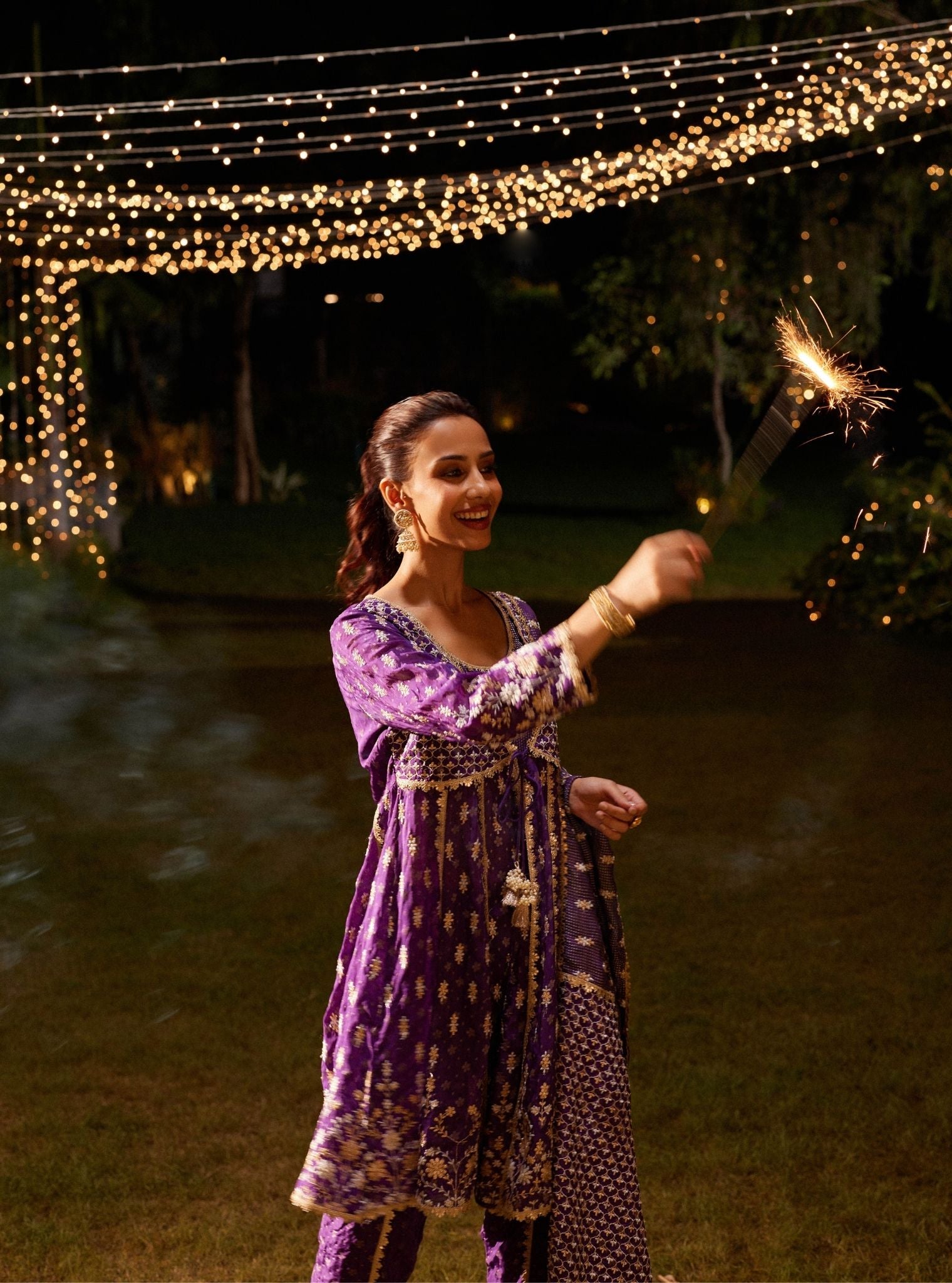 Mulmul Banarsi Nyah Purple Short Anarkali Kurta With Mulmul Banarsi Nyah Purple Dhoti Pant