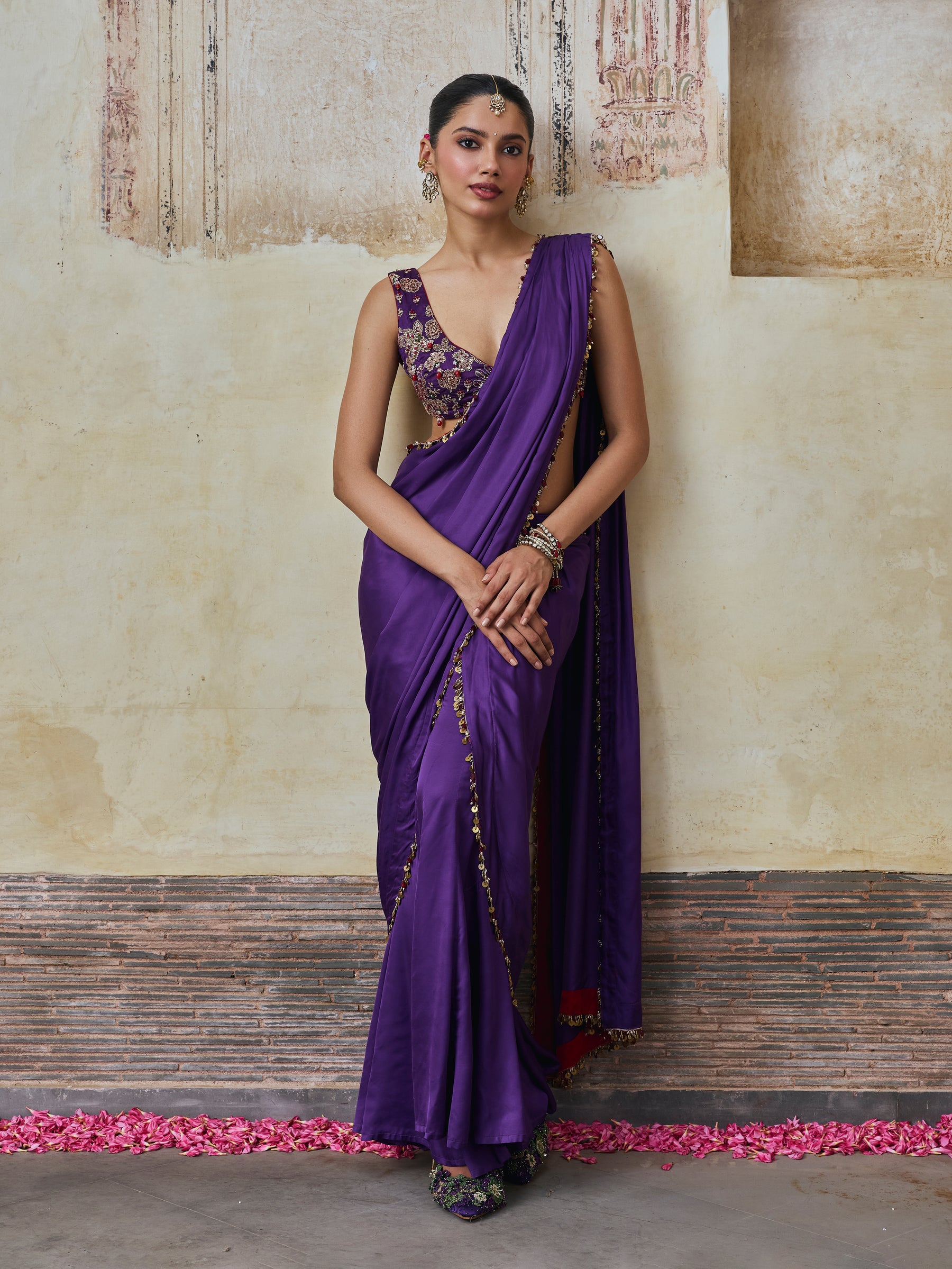 Saawari Cupro Satin Purple Pre-draped Saree