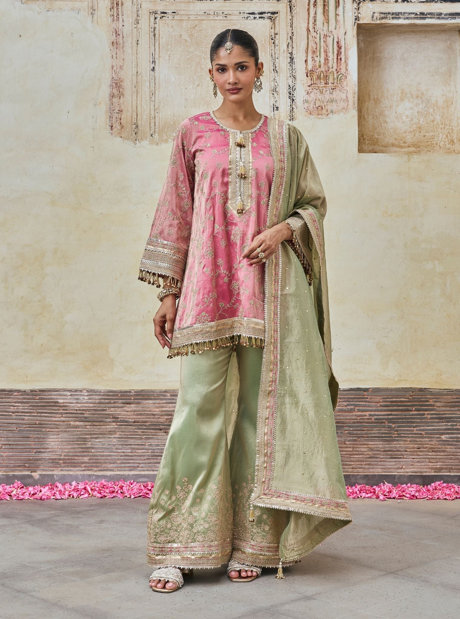 Odhira Tissue Organza Fuchsia & Green Sharara Set