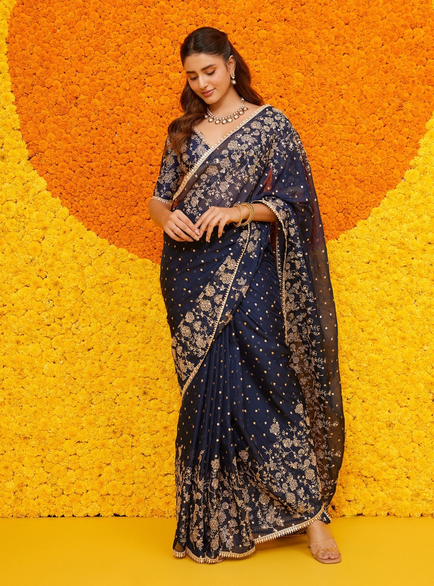 Mulmul Organza Jigar Navy Saree