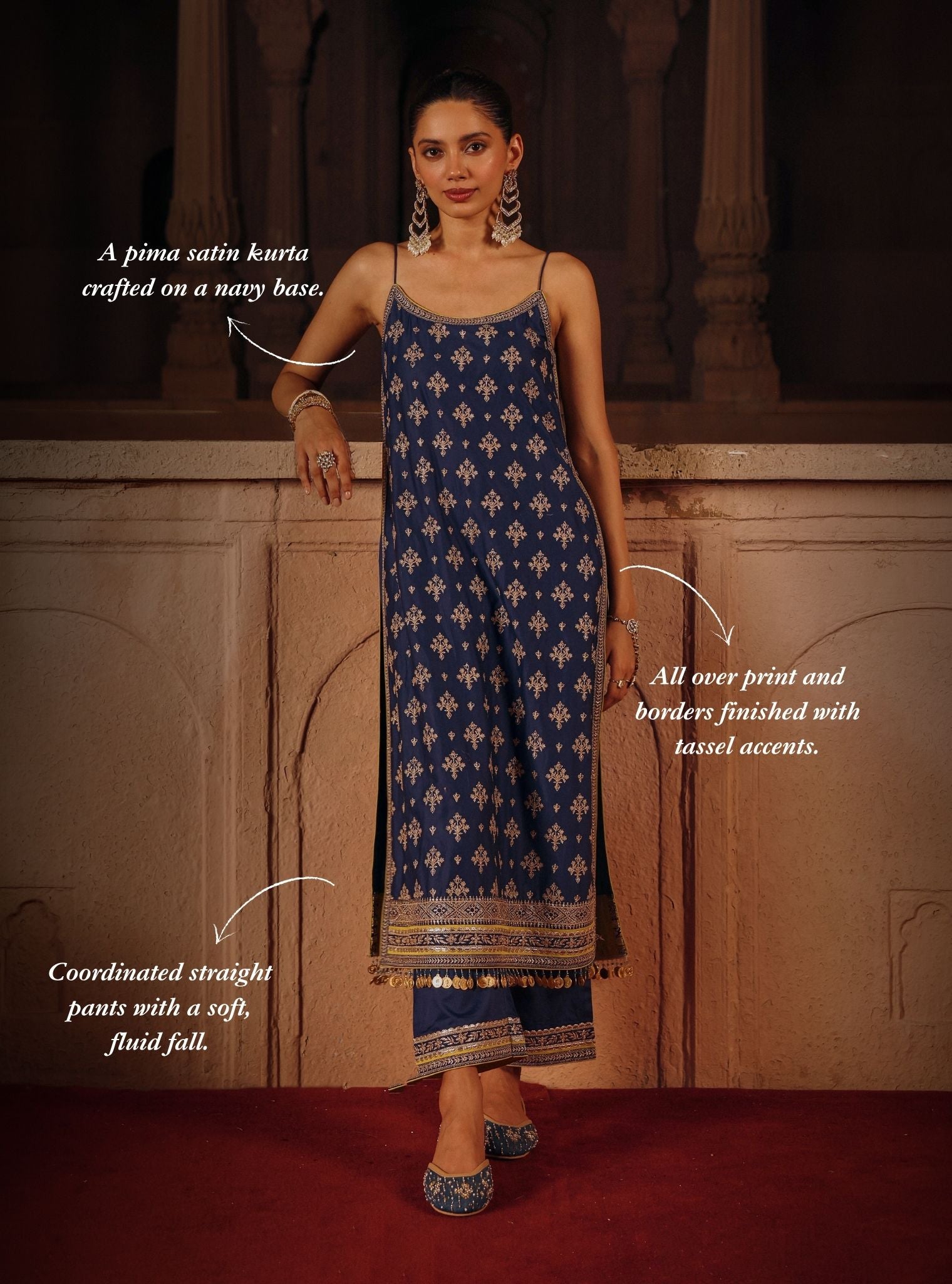 Tori Pima Satin Navy Strappy Long Kurta Set