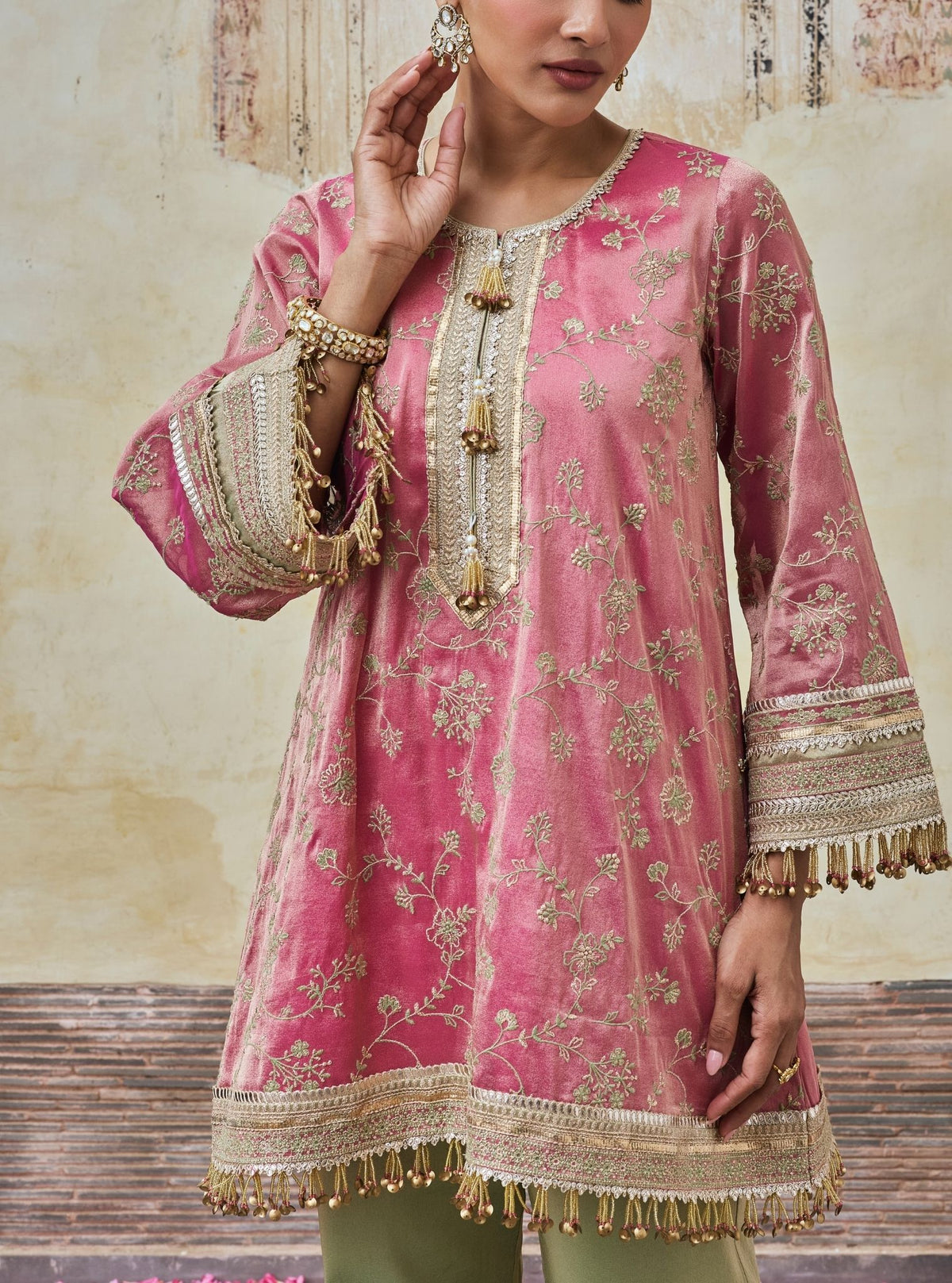 Odhira Tissue Organza Fuchsia & Green Sharara Set