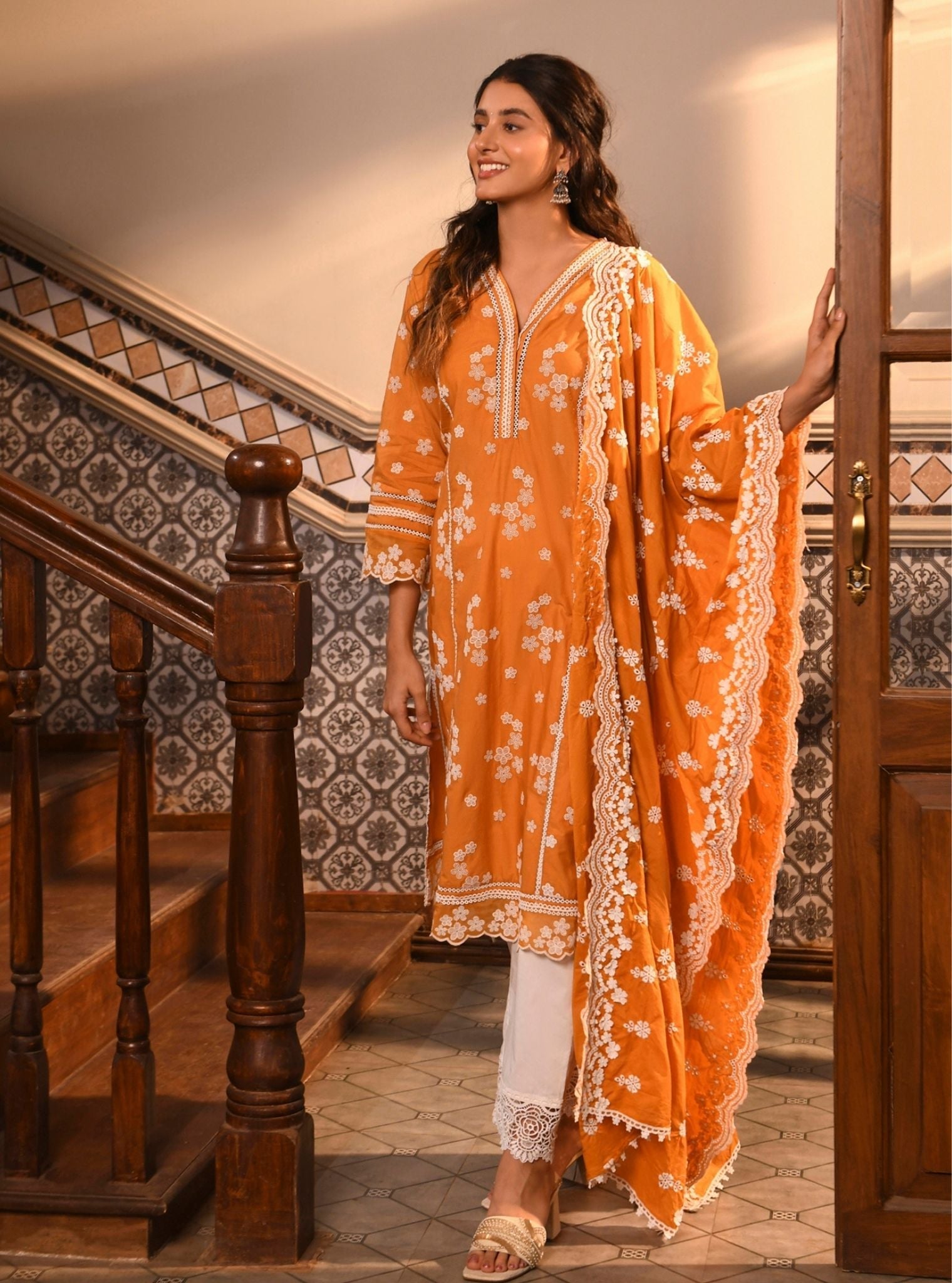 Mulmul Cotton Malisa Orange Kurta With Mulmul Cotton Floral Chemical Lace White Pant