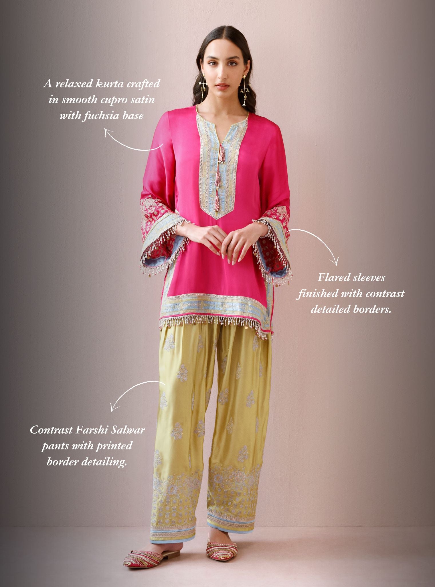 Shvi Cupro Satin Fuchsia Kurta With Farshi Salwar
