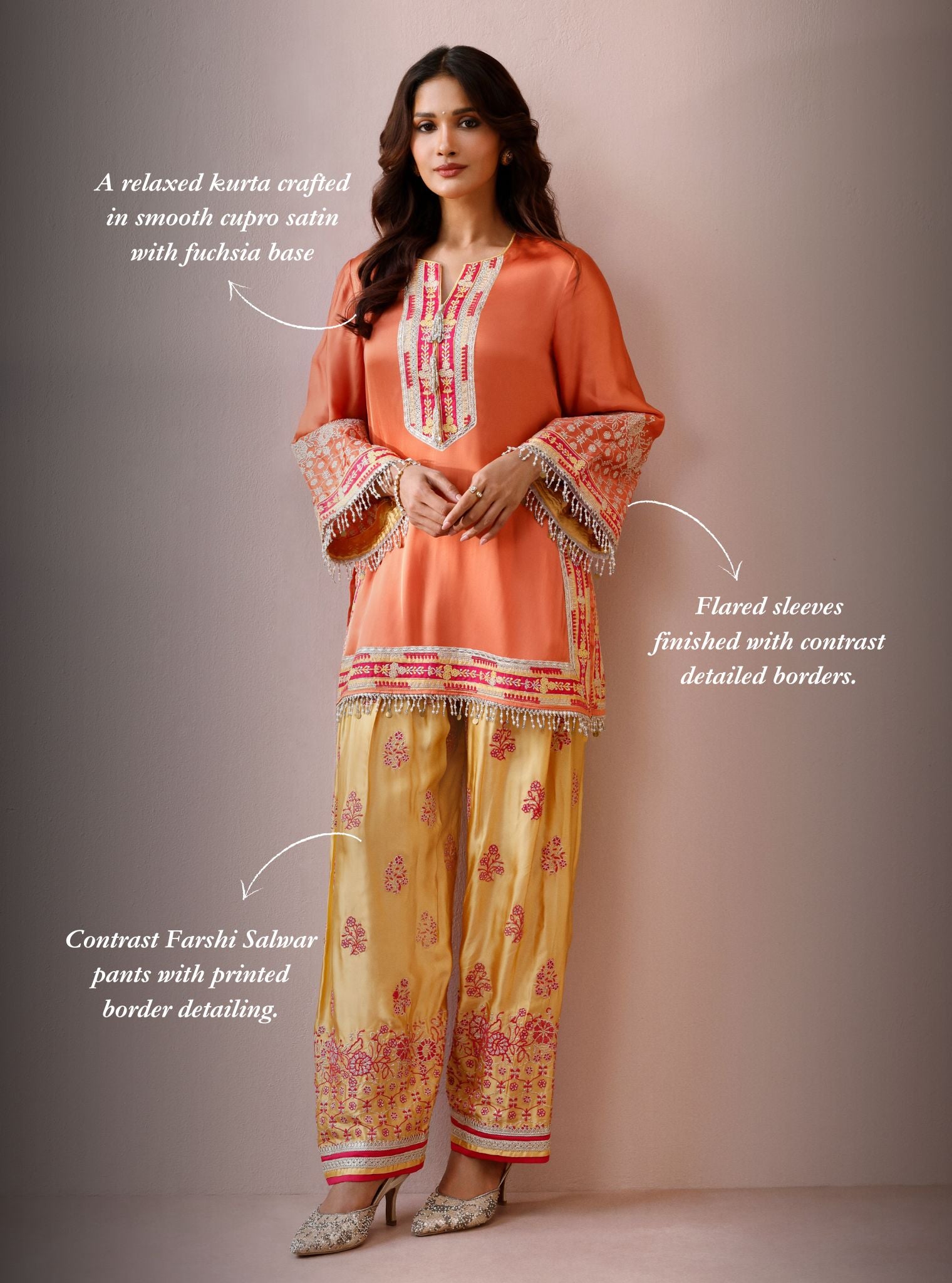 Shvi Cupro Satin Orange Kurta With Farshi Salwar