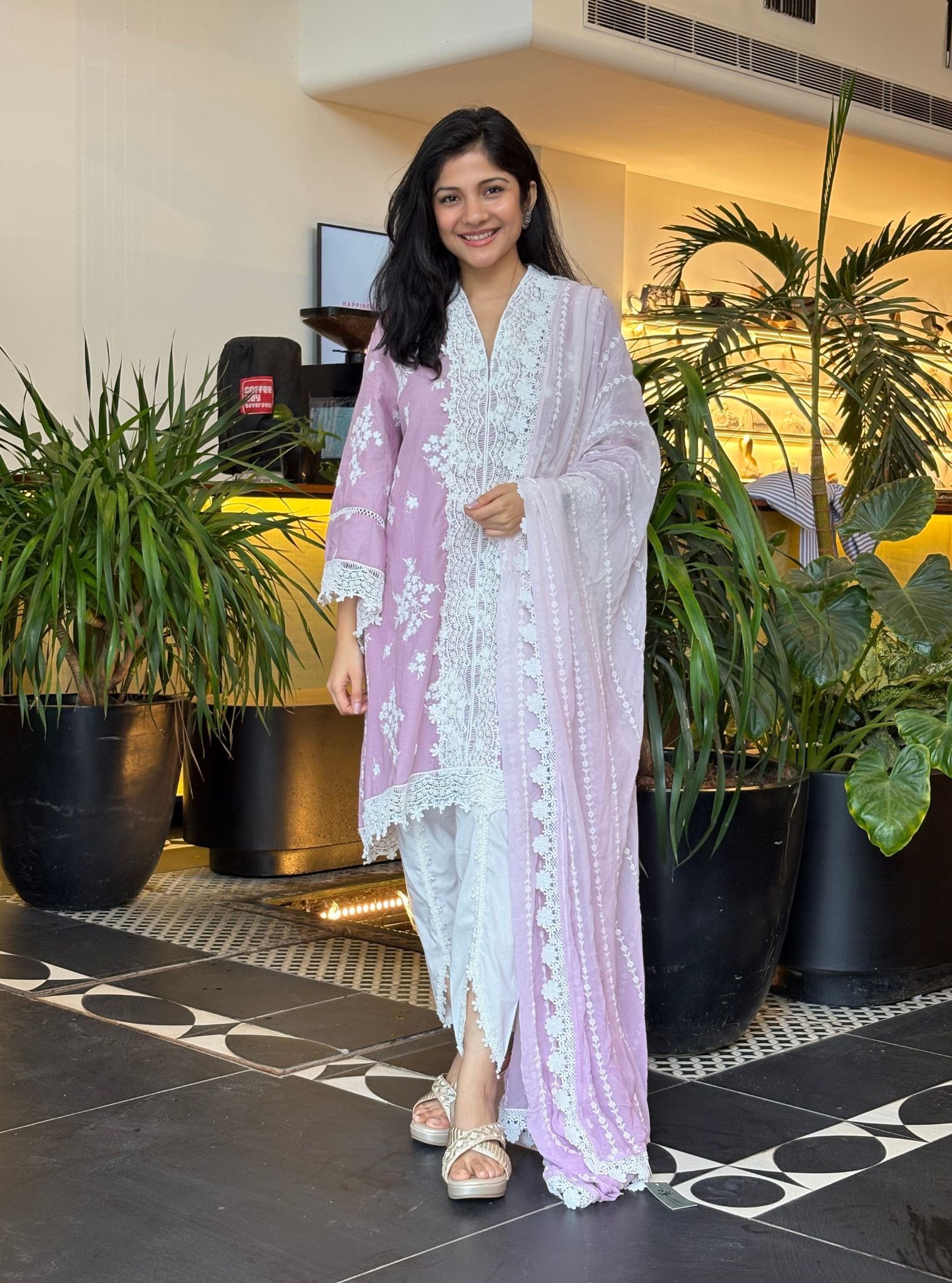 Mulmul Cotton Livia Lilac Kurta With Aelira White Dhoti Pant