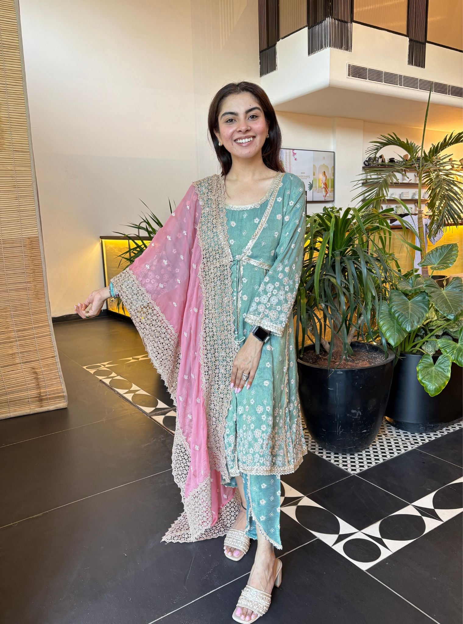 Mulmul Tissue Satin Sajeya Teal Blue Anarkali Kurta with Mulmul Luxe Tissue Satin Sajeya Teal Blue Dhoti Pant