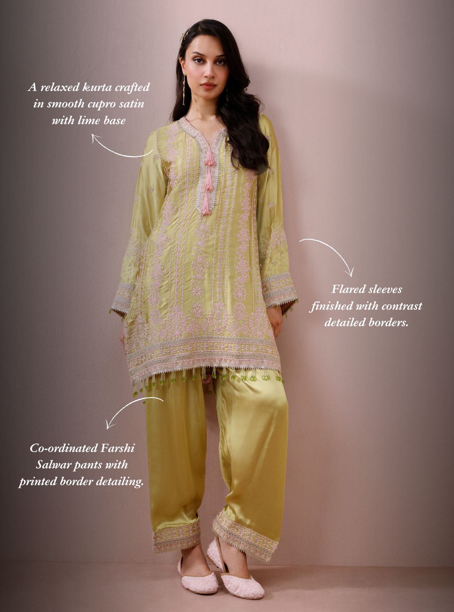 Zuri Cupro Satin Lime Kurta With Farshi Salwar