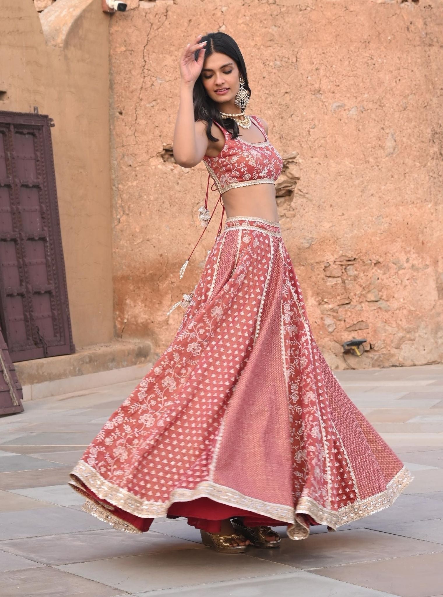 Buy Copper Paper Dolls Tissue Appliqued and Embellished Heavy Kali Lehenga  With Dupatta by AISHA RAO at Ogaan Online Shopping Site